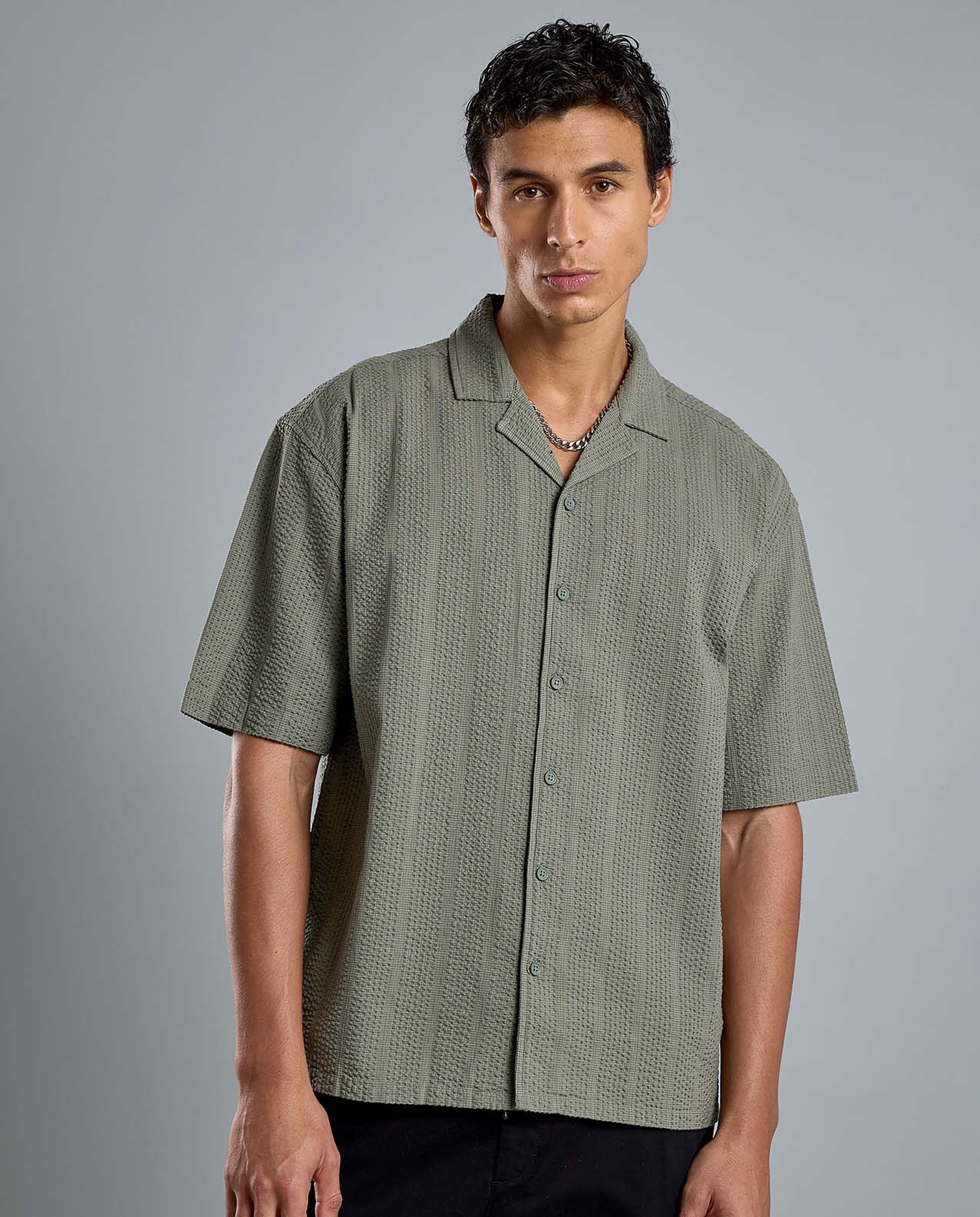 Striped Shirt with Revere Collar and Short Sleeves