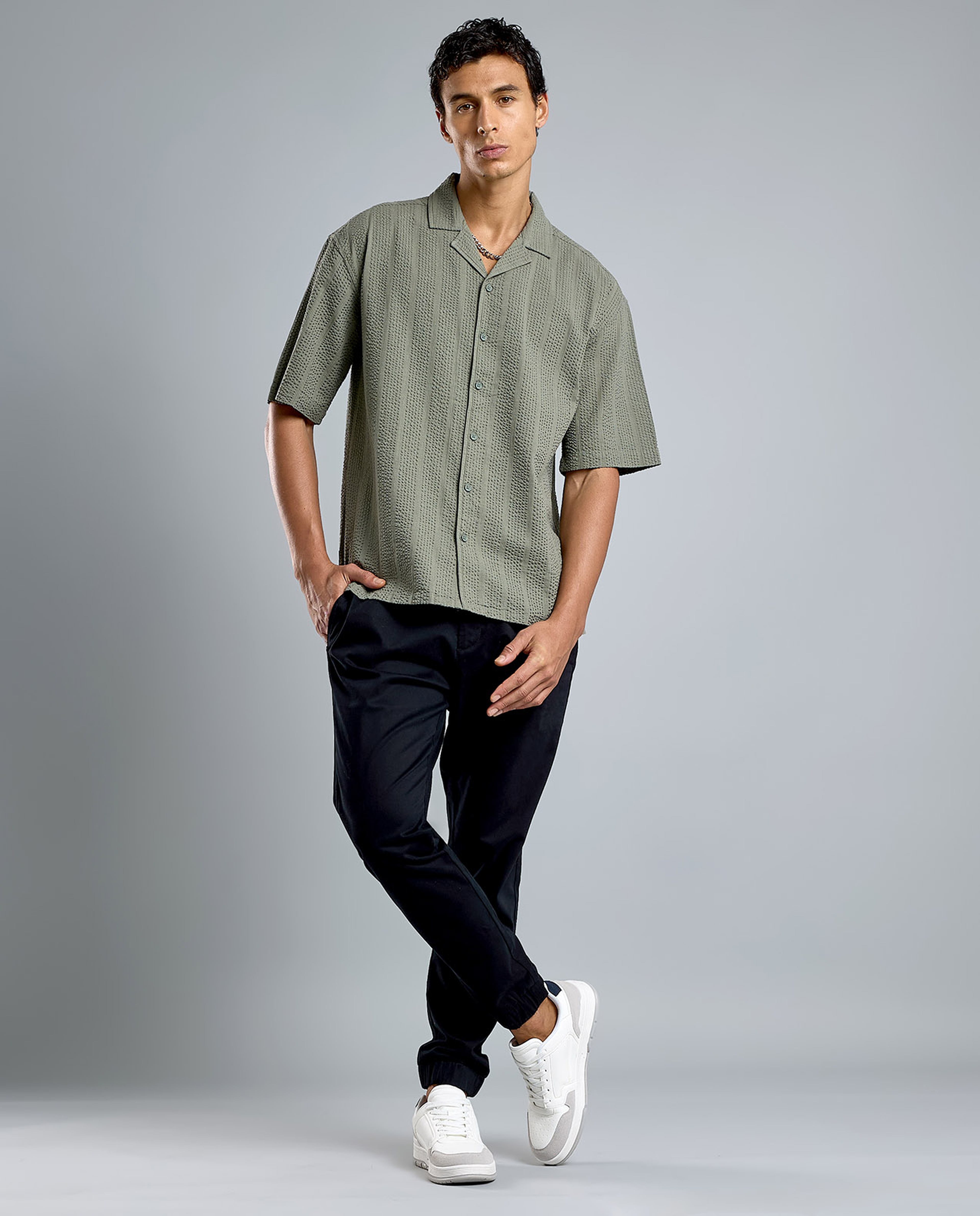 Striped Shirt with Revere Collar and Short Sleeves