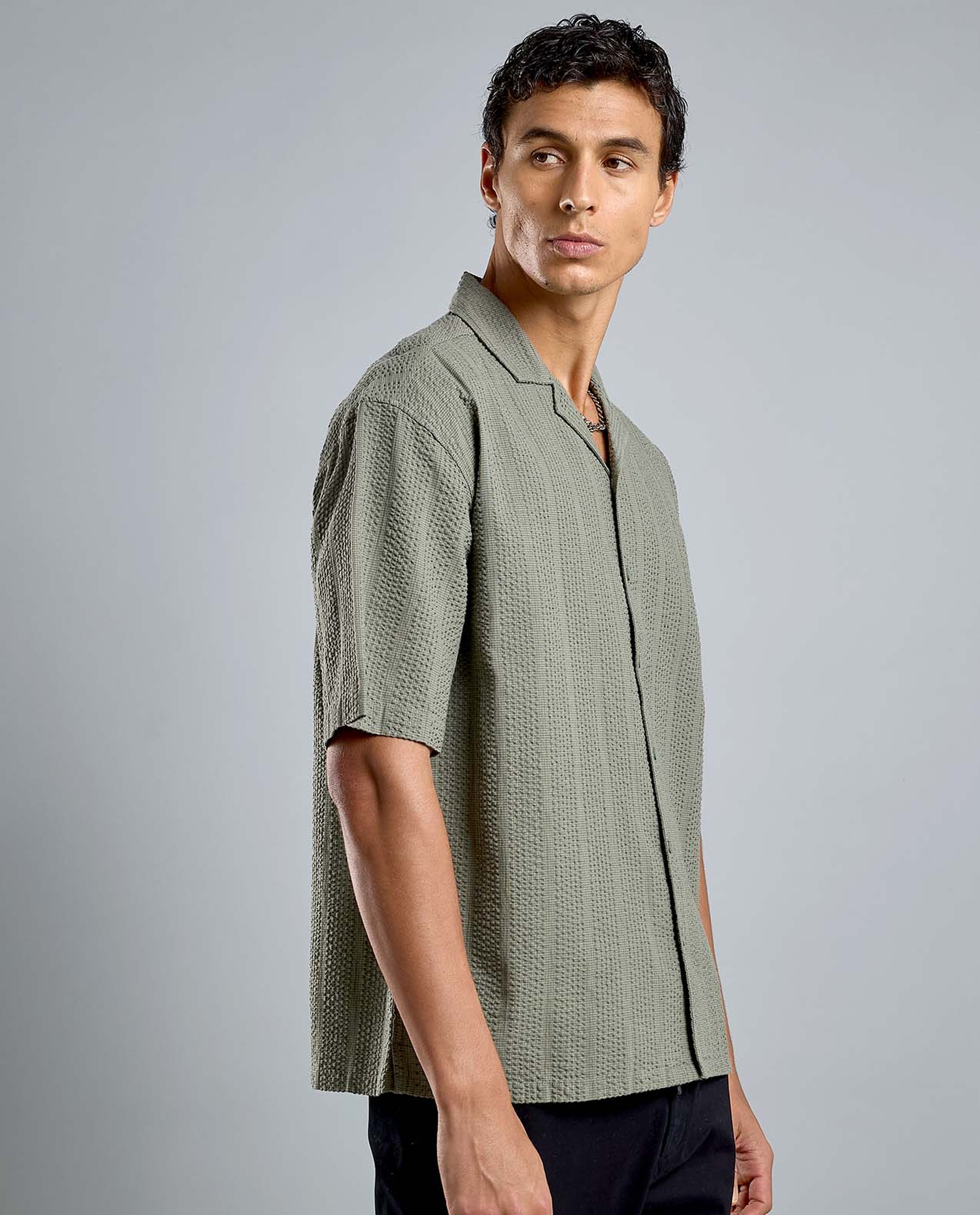 Striped Shirt with Revere Collar and Short Sleeves