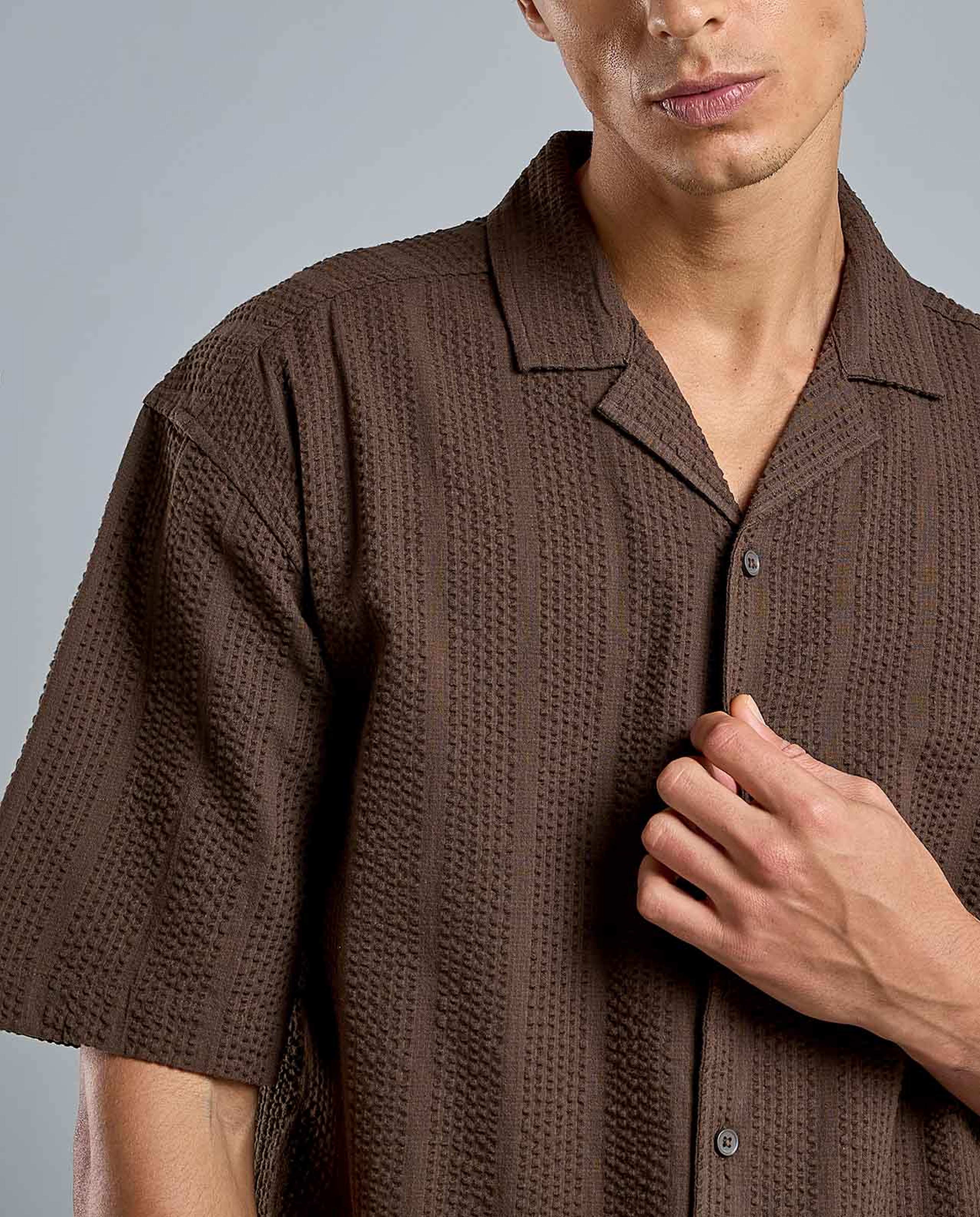 Striped Shirt with Revere Collar and Short Sleeves