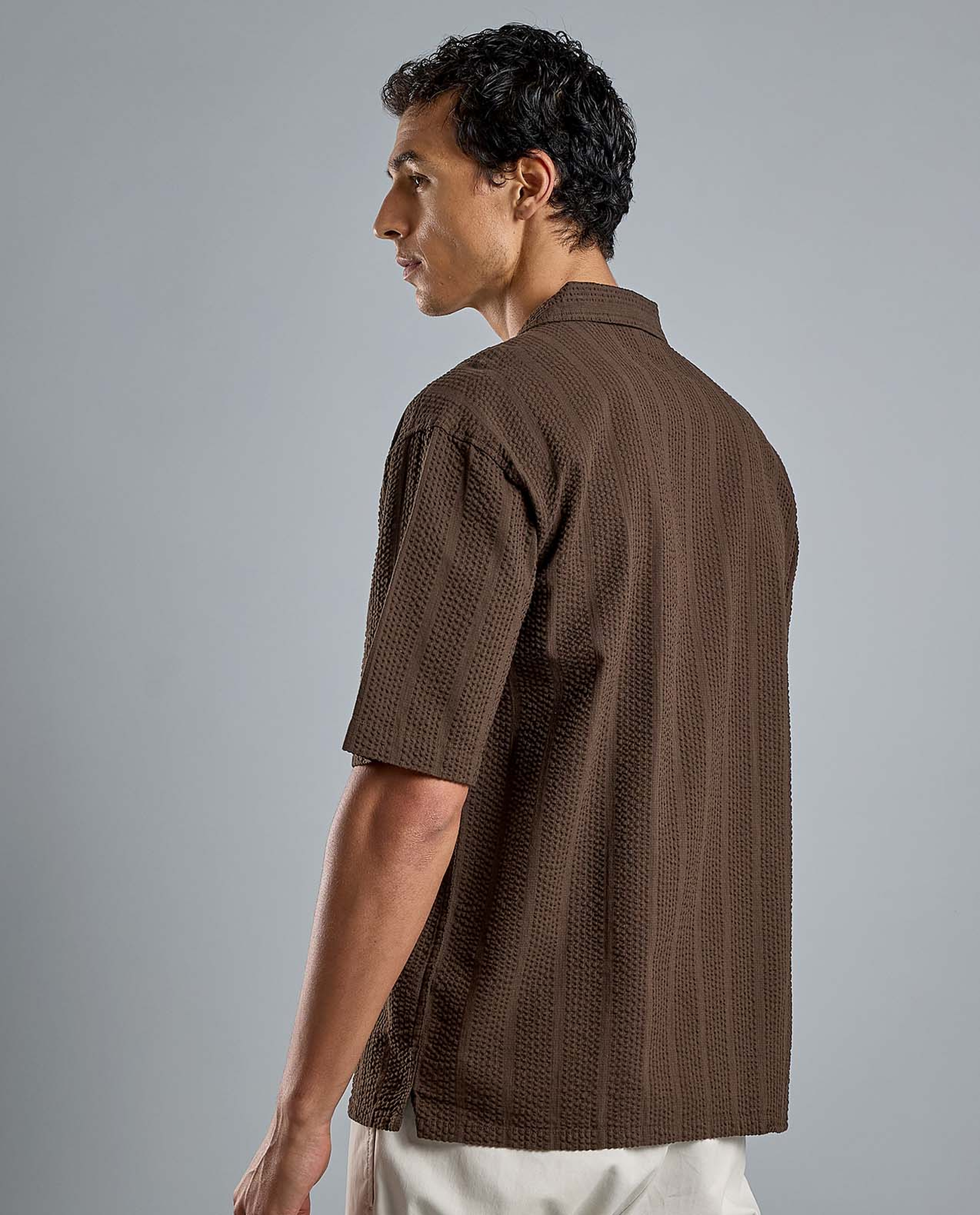 Striped Shirt with Revere Collar and Short Sleeves