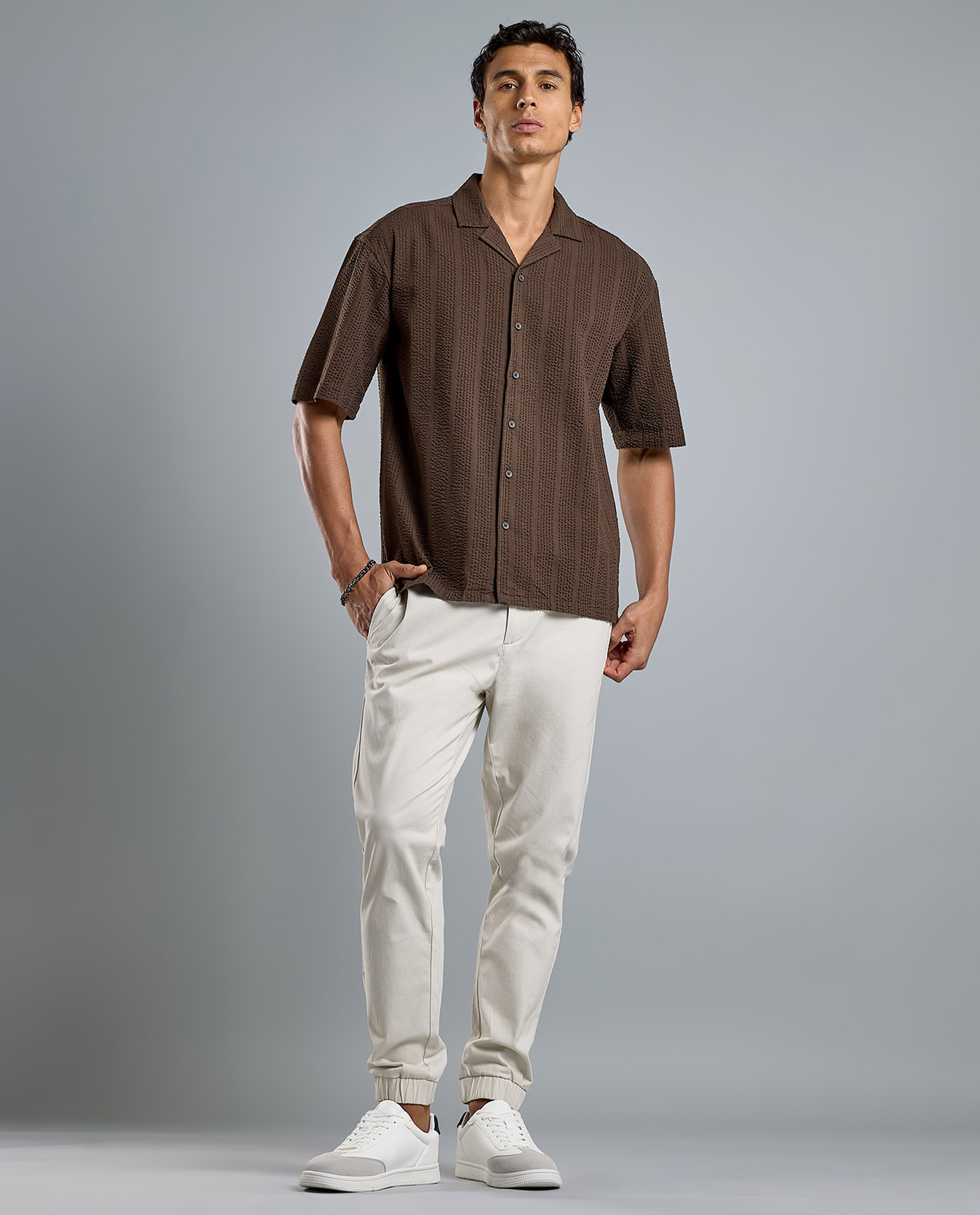 Striped Shirt with Revere Collar and Short Sleeves