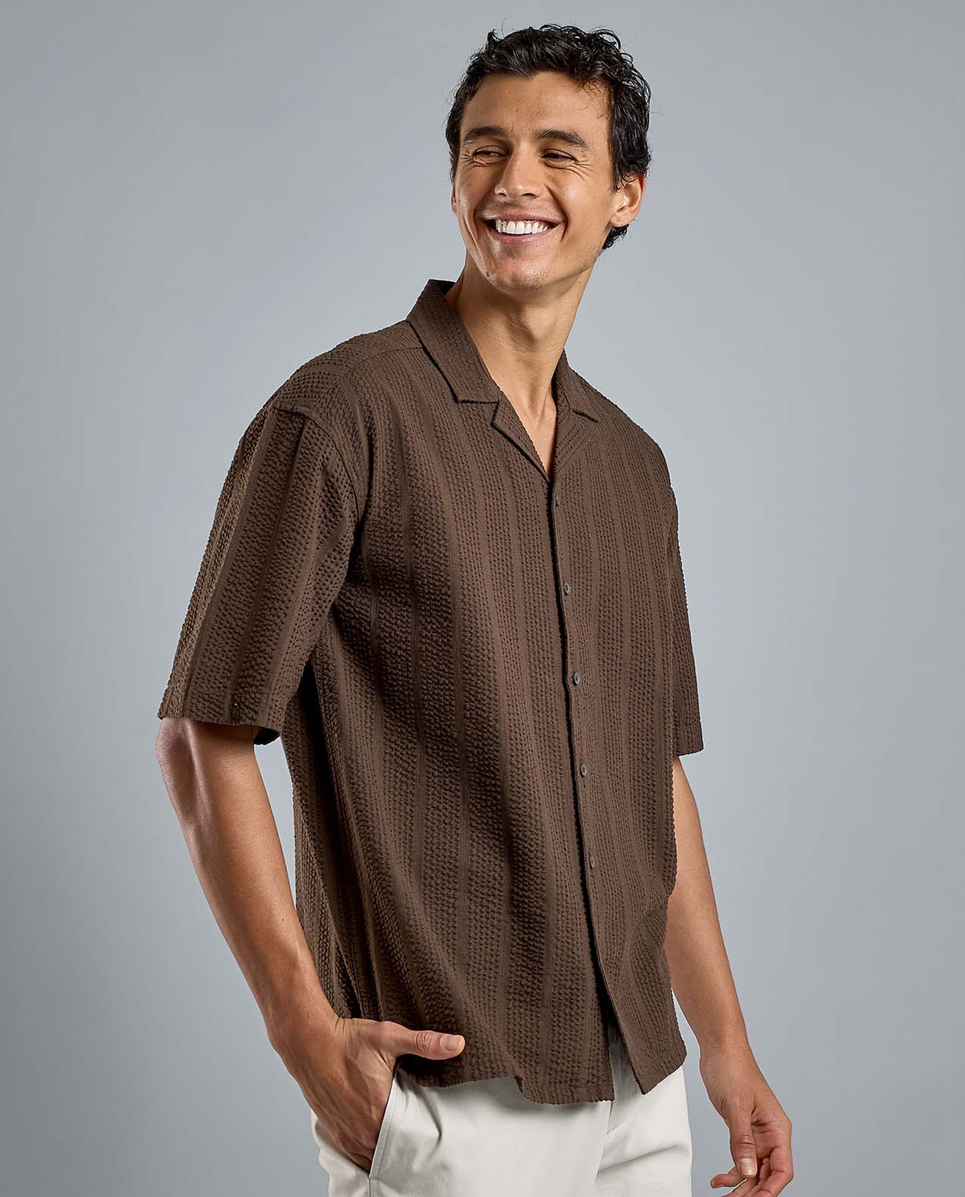 Striped Shirt with Revere Collar and Short Sleeves