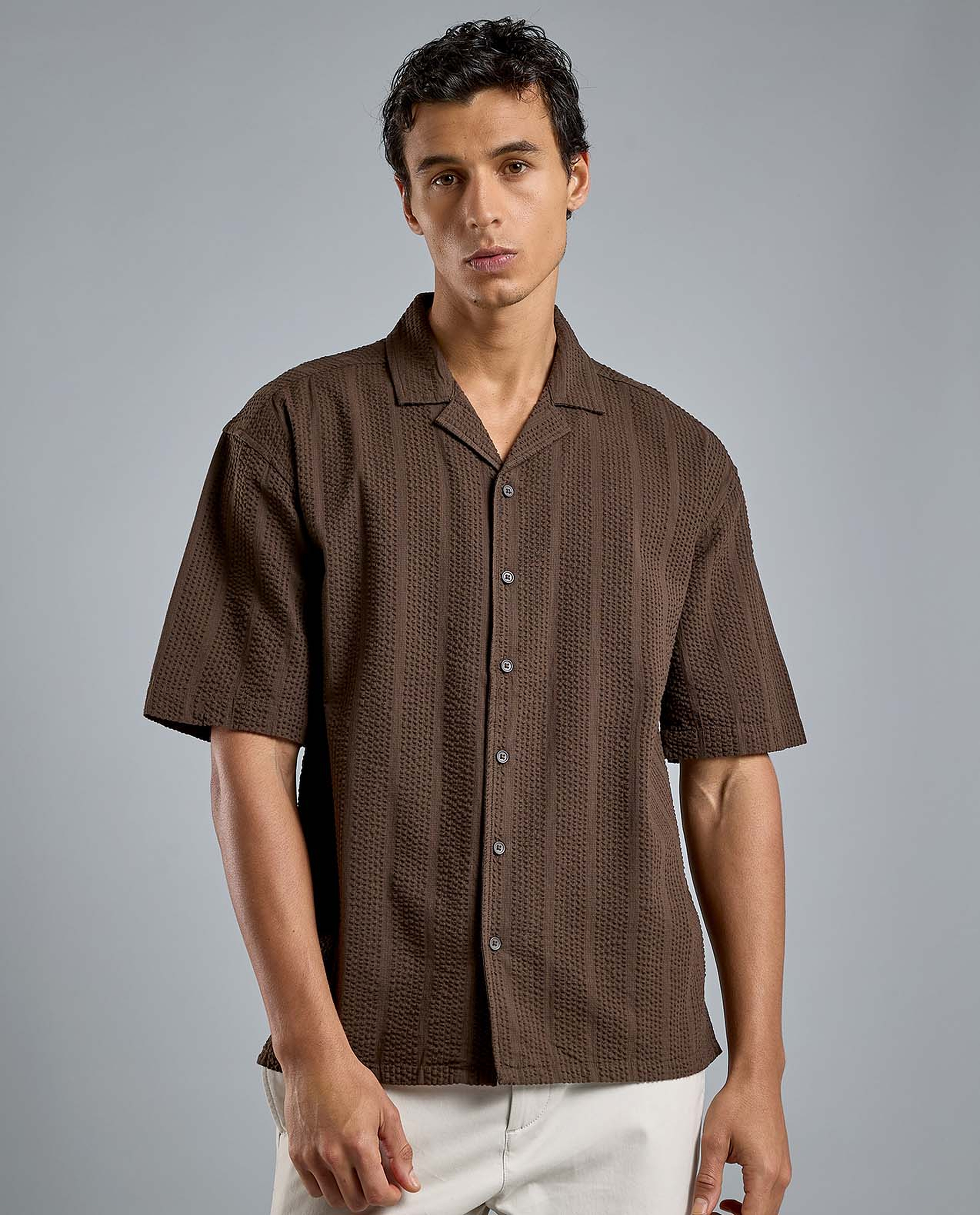 Striped Shirt with Revere Collar and Short Sleeves