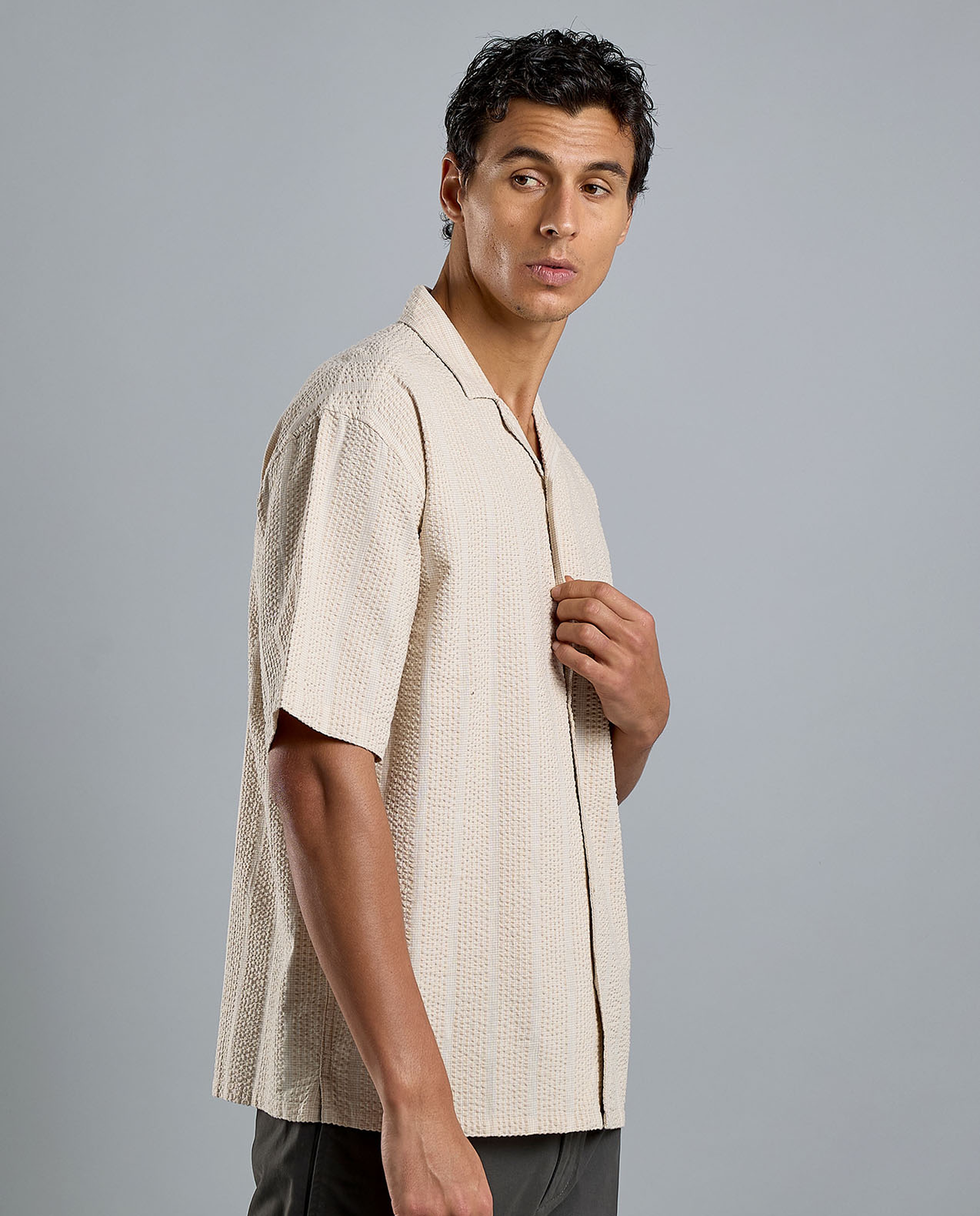 Striped Shirt with Revere Collar and Short Sleeves