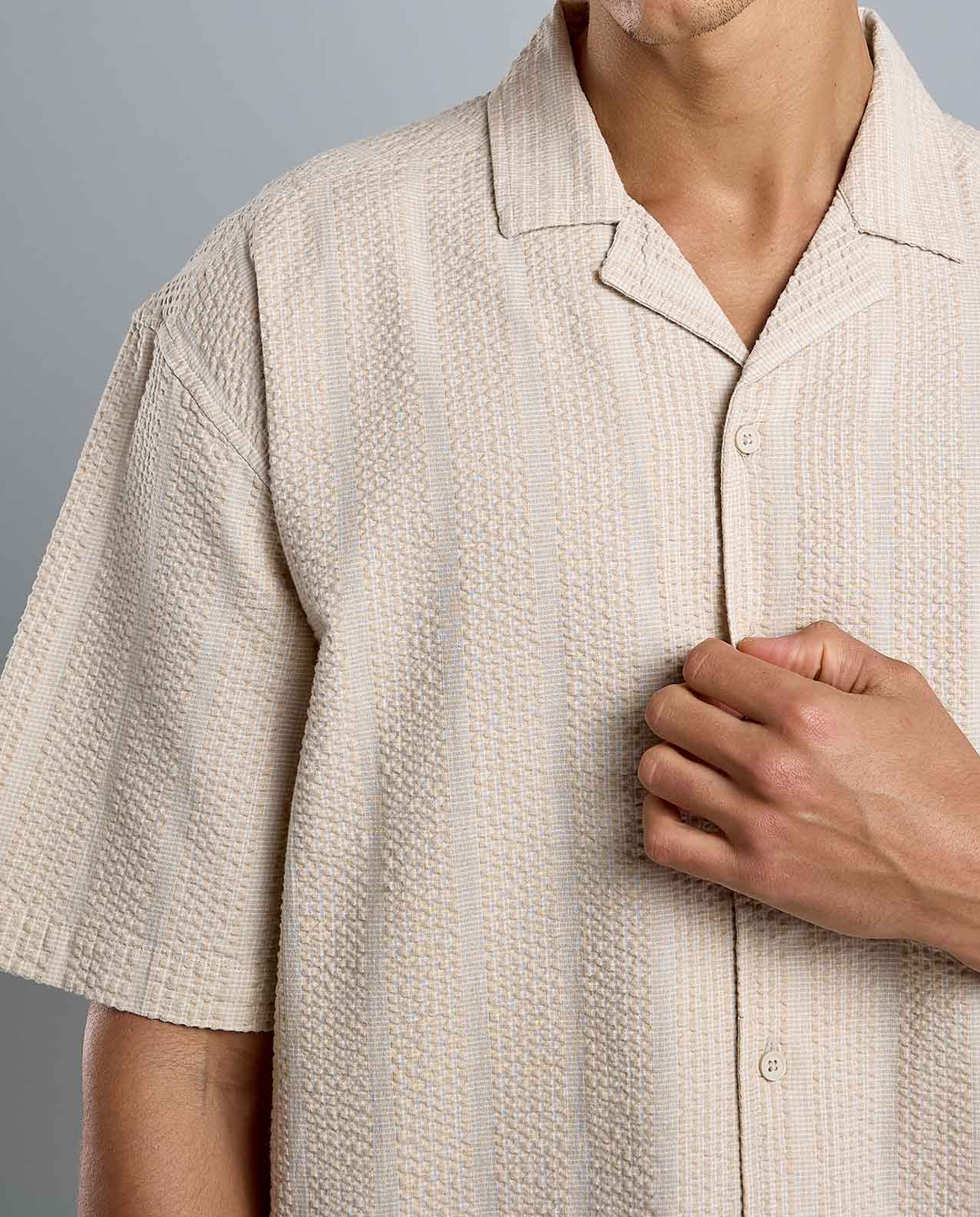 Striped Shirt with Revere Collar and Short Sleeves