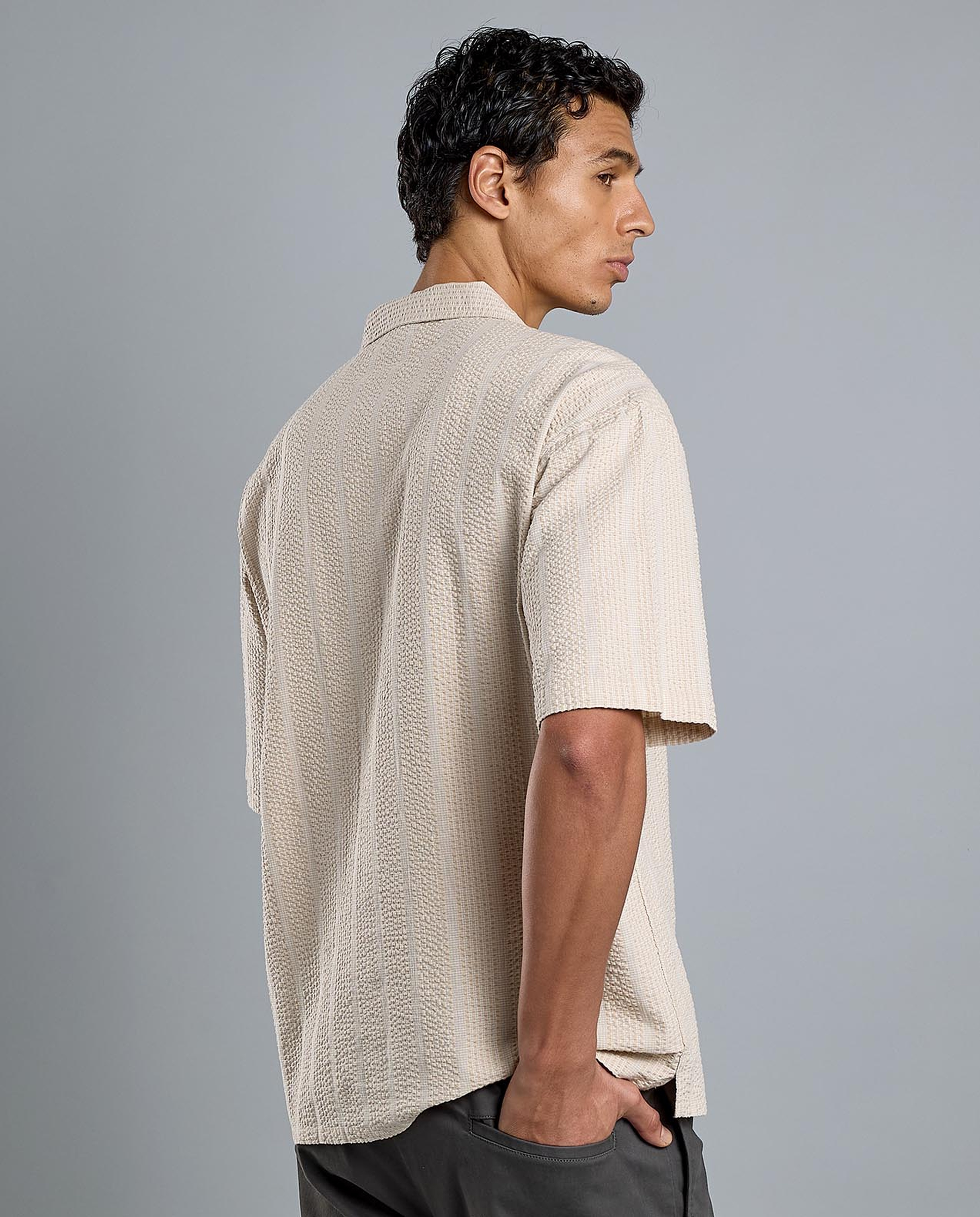 Striped Shirt with Revere Collar and Short Sleeves