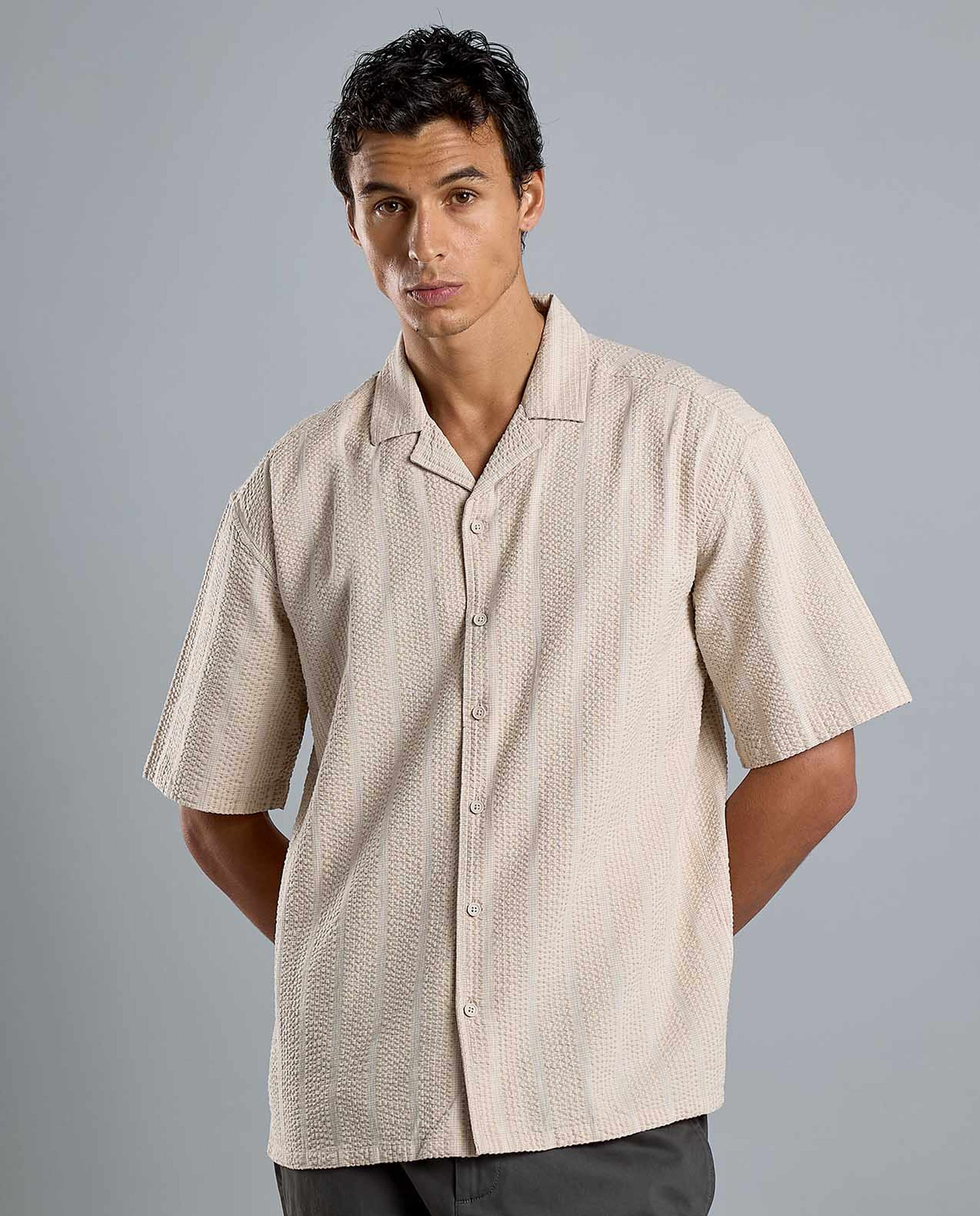 Striped Shirt with Revere Collar and Short Sleeves