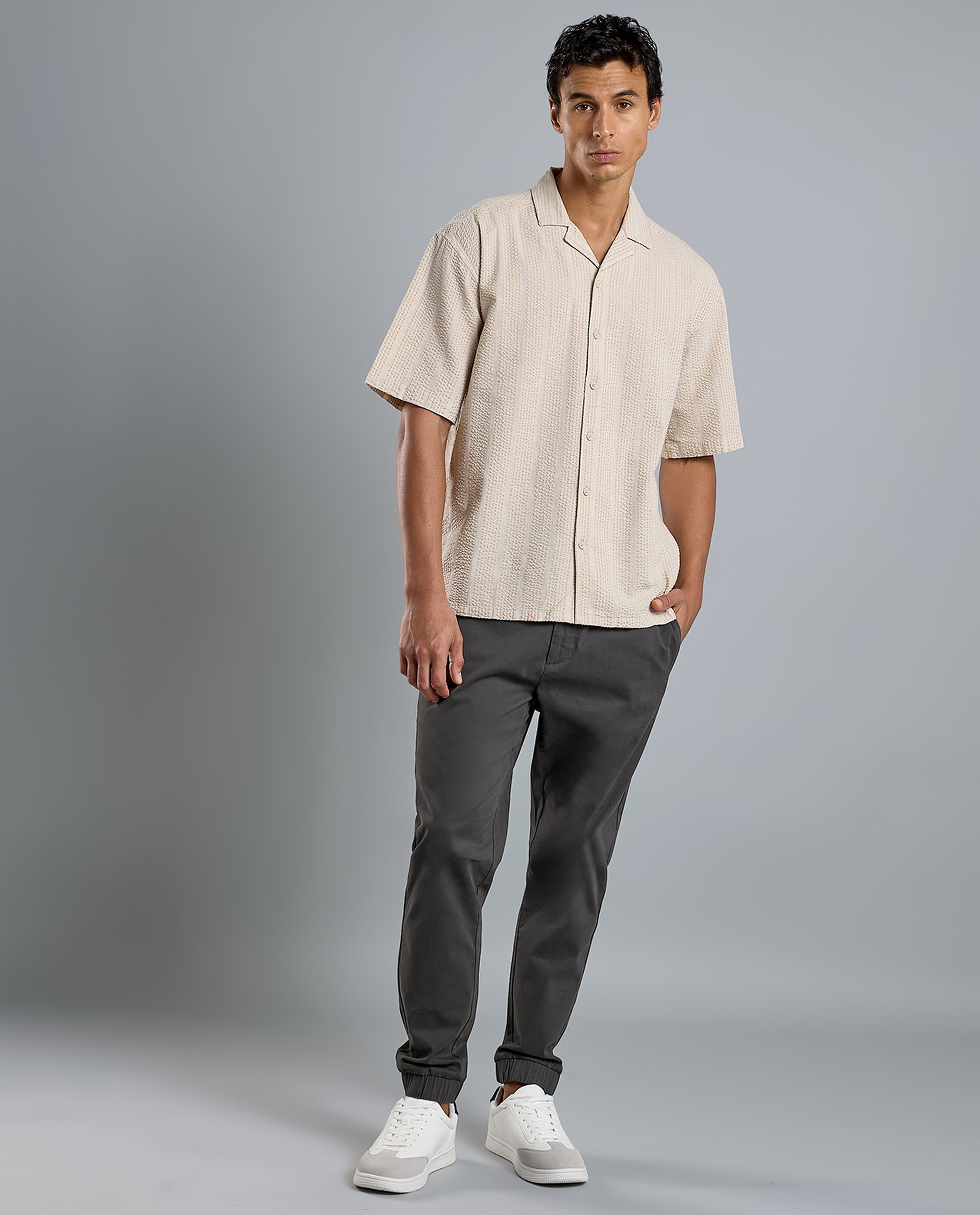 Striped Shirt with Revere Collar and Short Sleeves