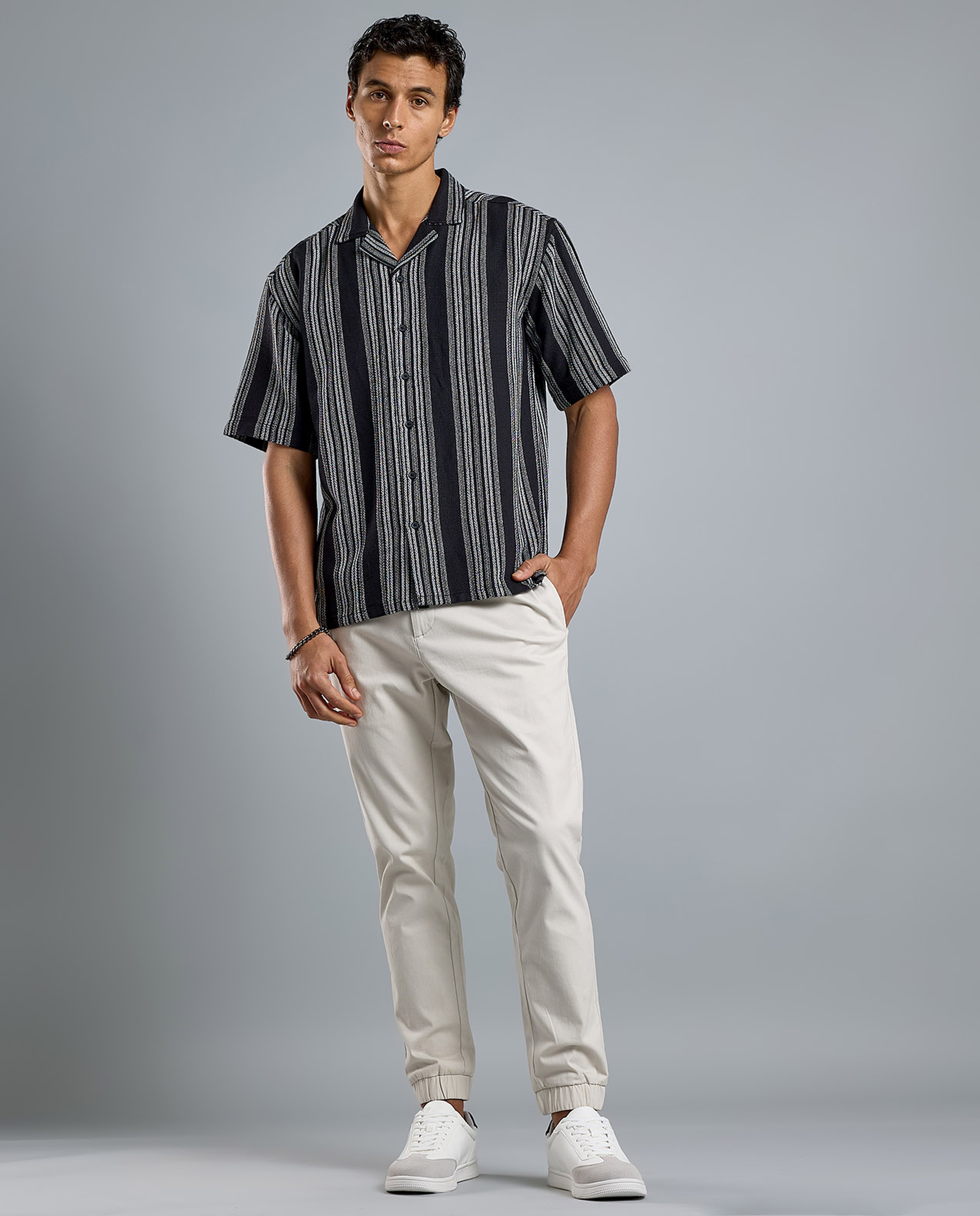 Striped Shirt with Revere Collar and Short Sleeves