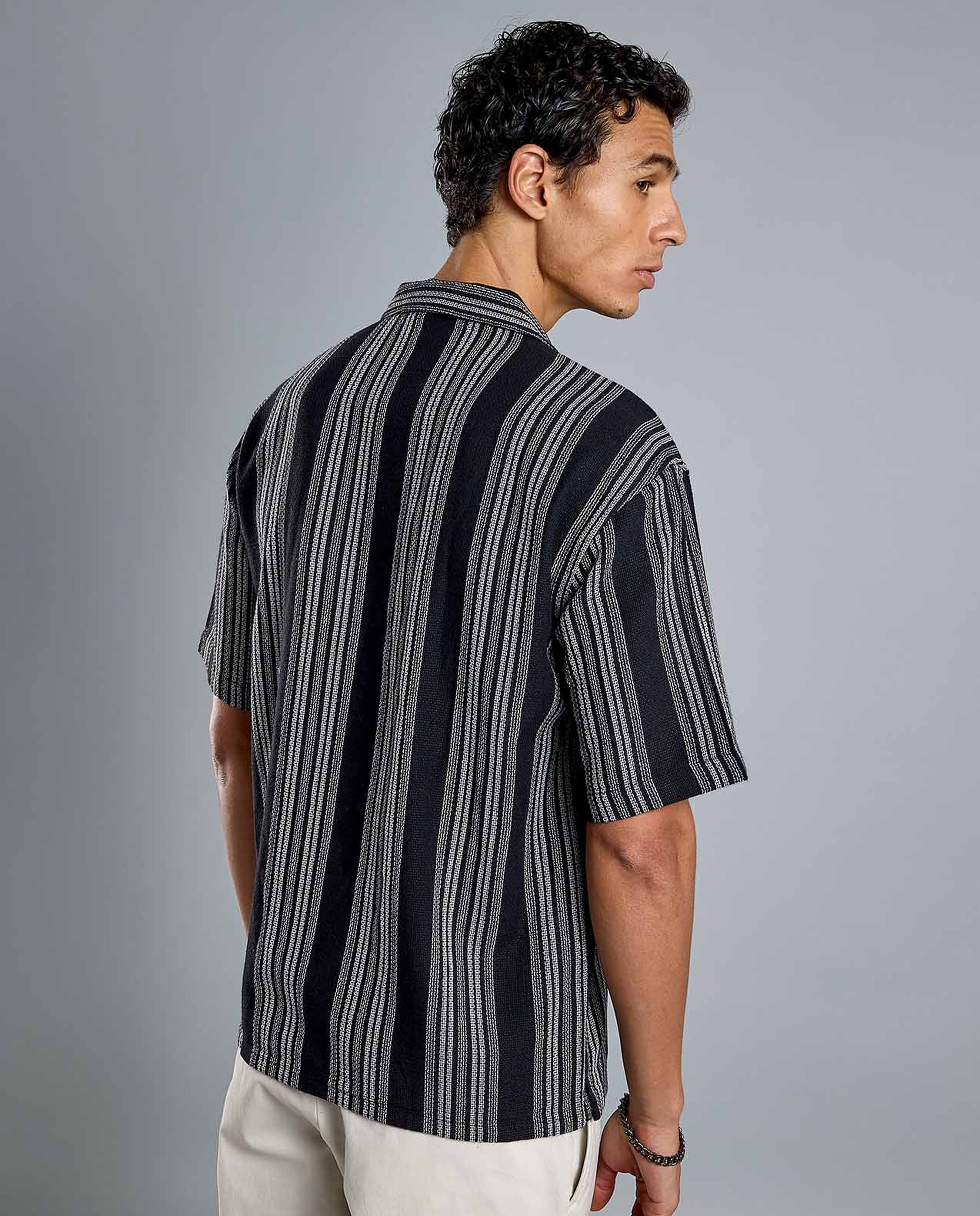 Striped Shirt with Revere Collar and Short Sleeves