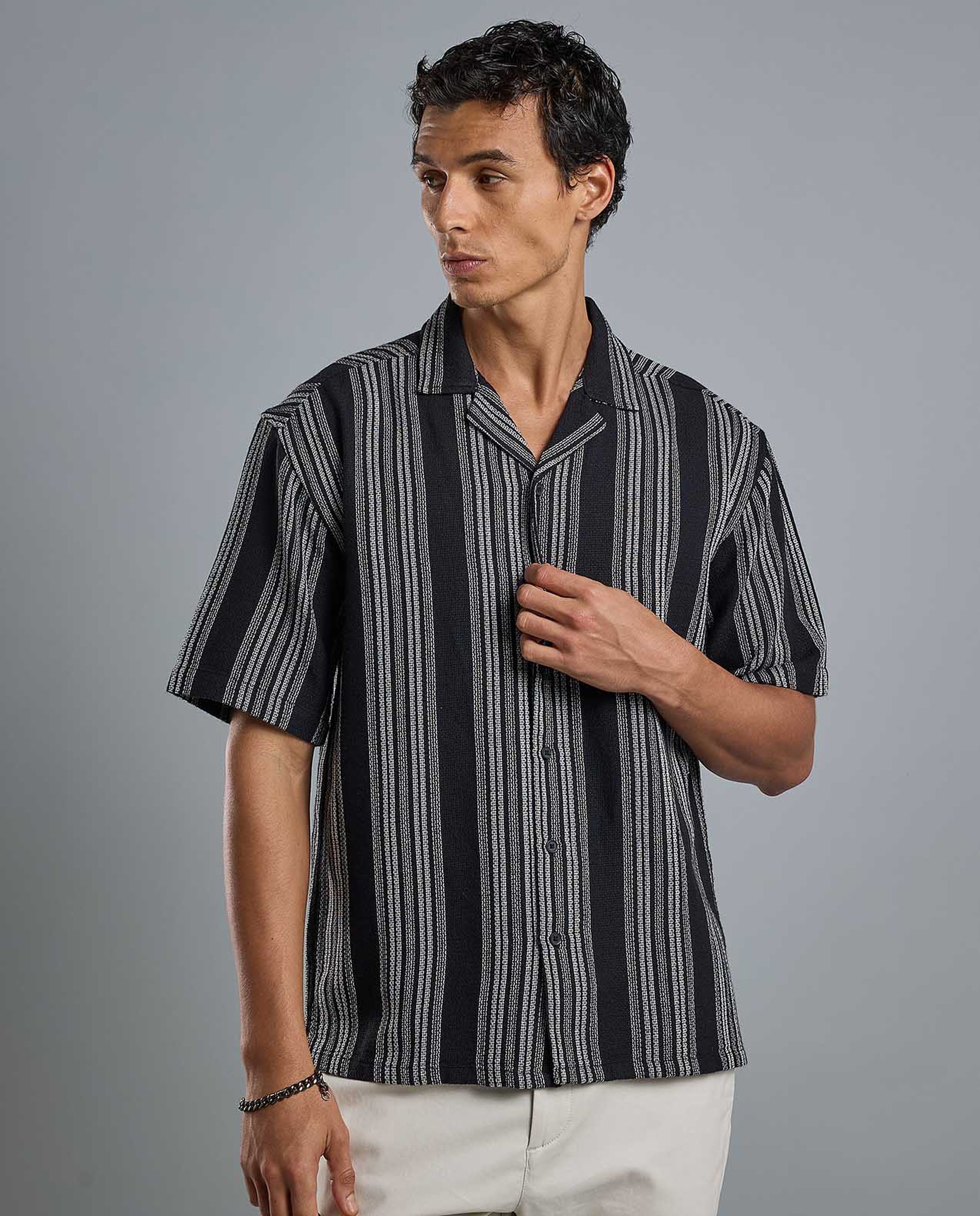 Striped Shirt with Revere Collar and Short Sleeves