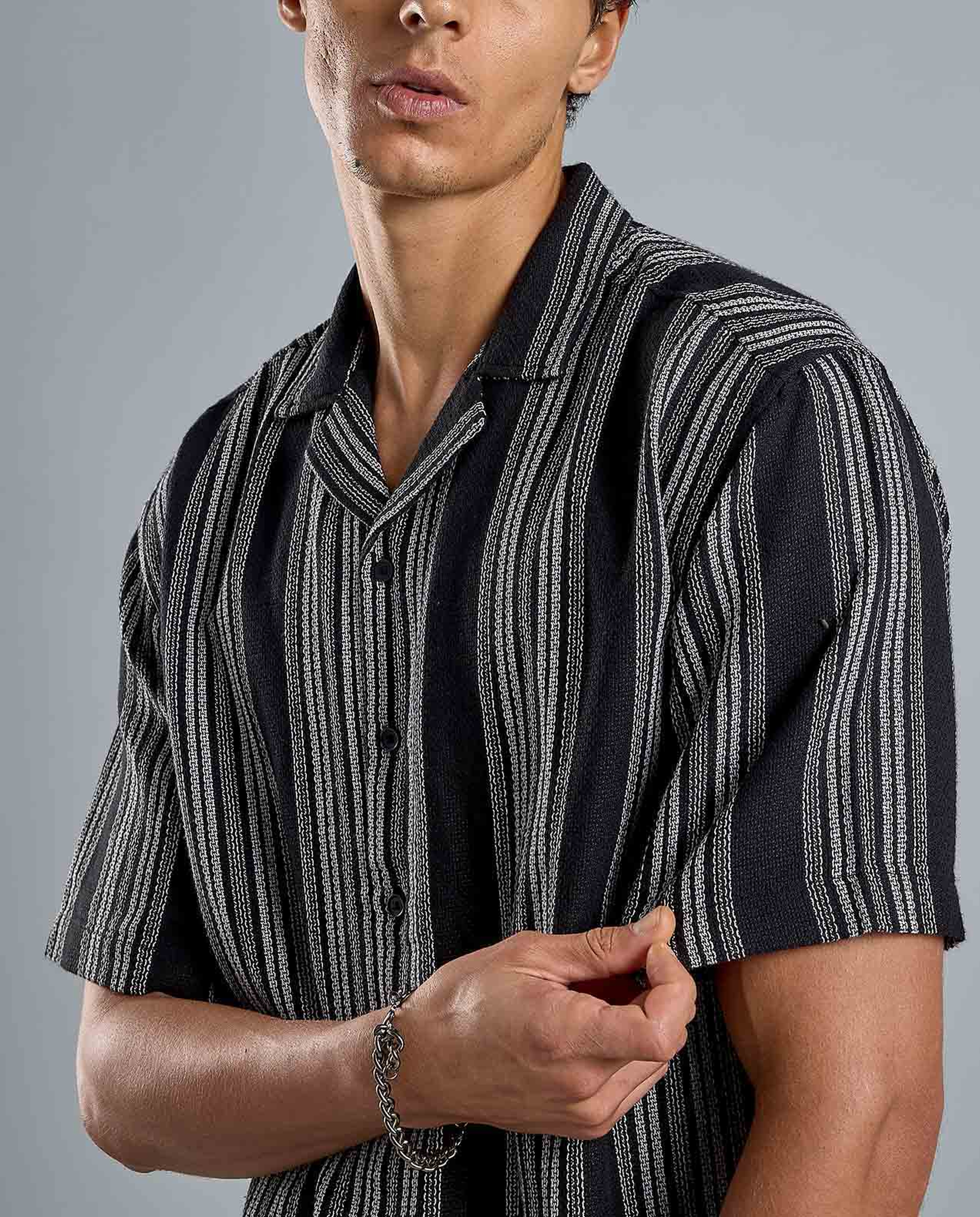 Striped Shirt with Revere Collar and Short Sleeves