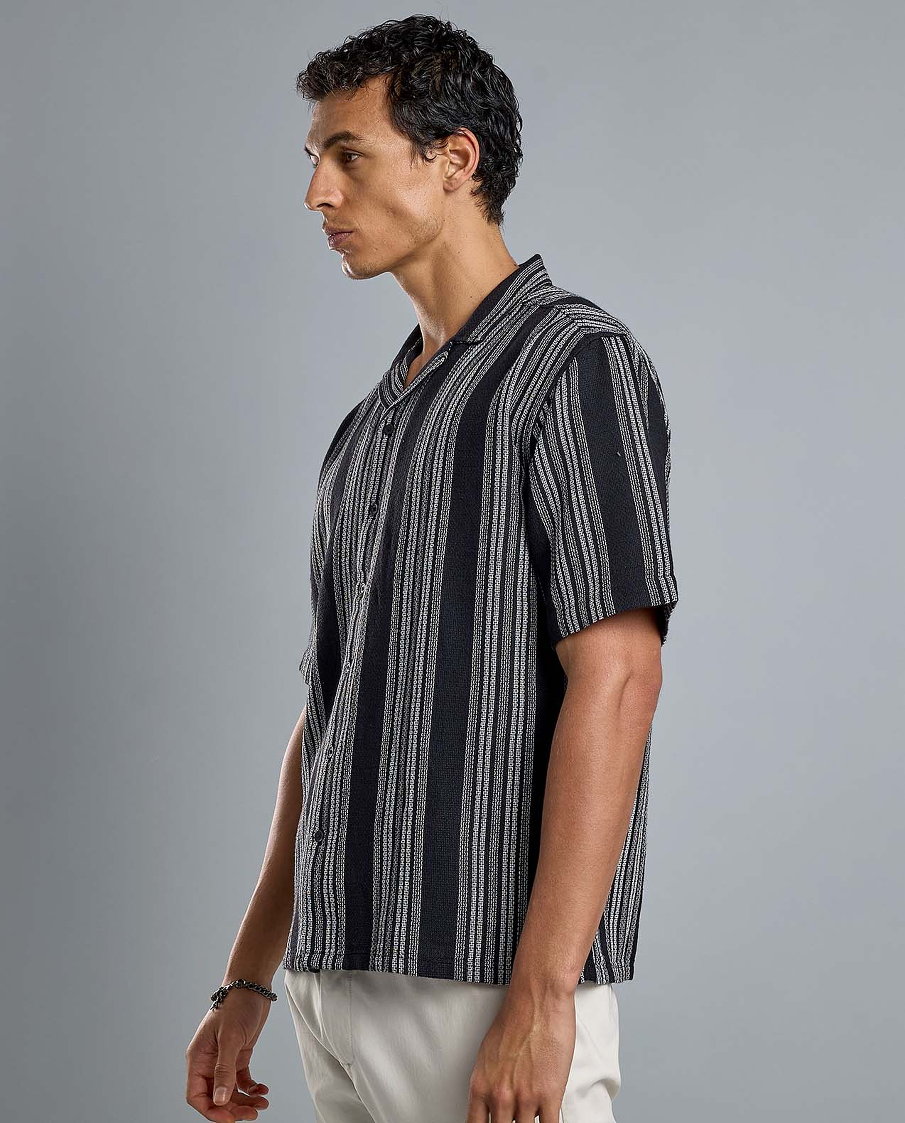Striped Shirt with Revere Collar and Short Sleeves