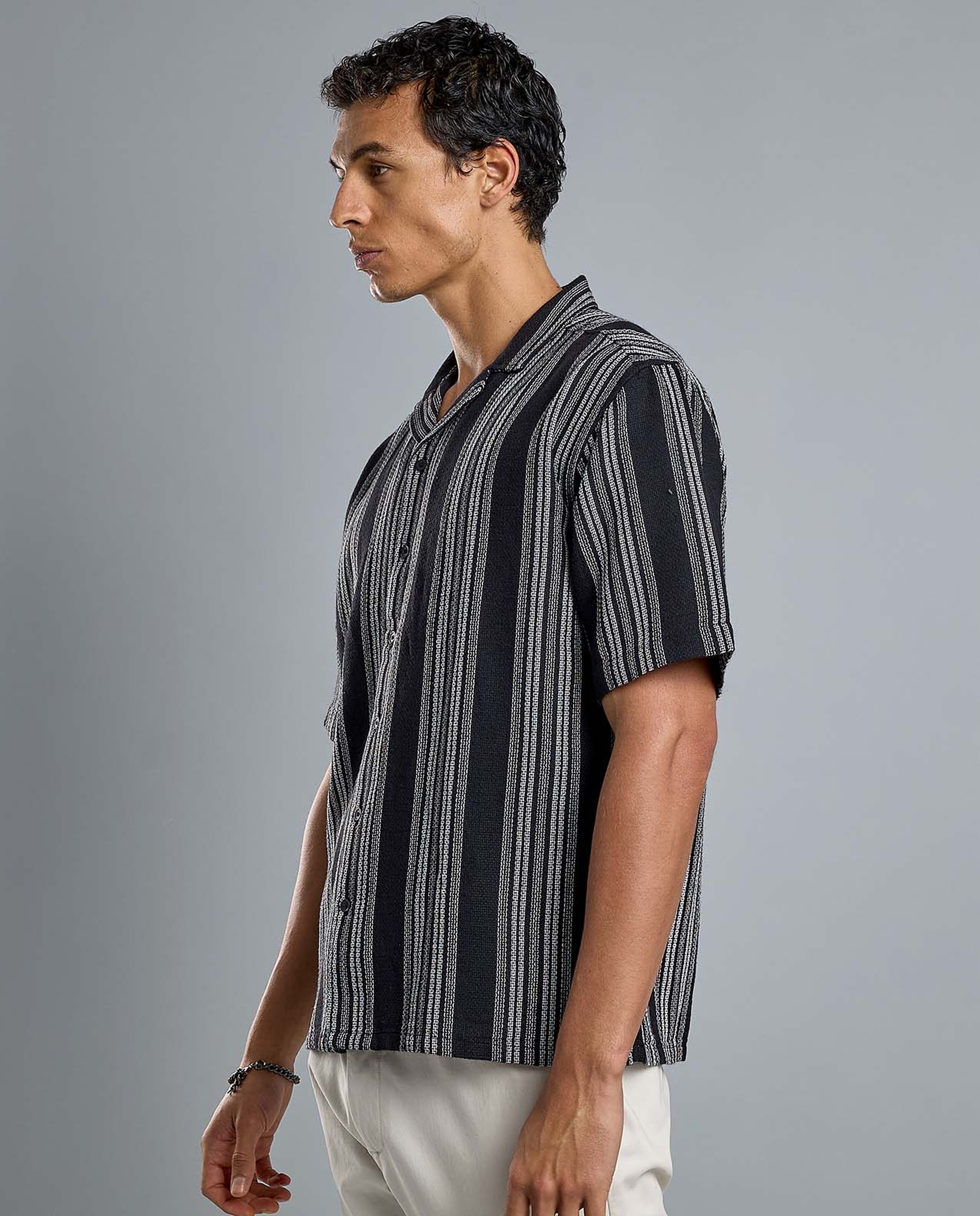 Striped Shirt with Revere Collar and Short Sleeves