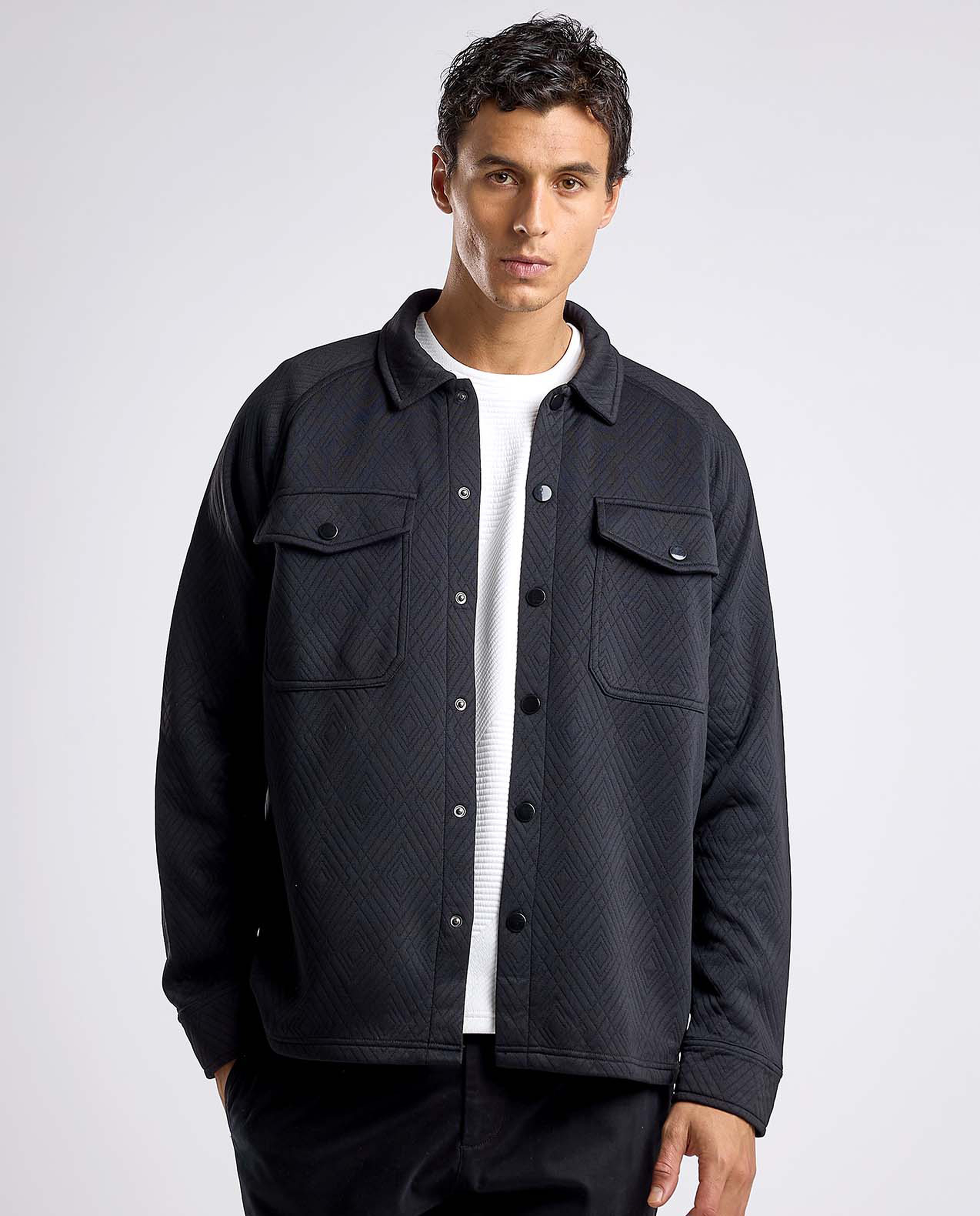 Self Patterned Shacket with Classic Collar and Long Sleeves