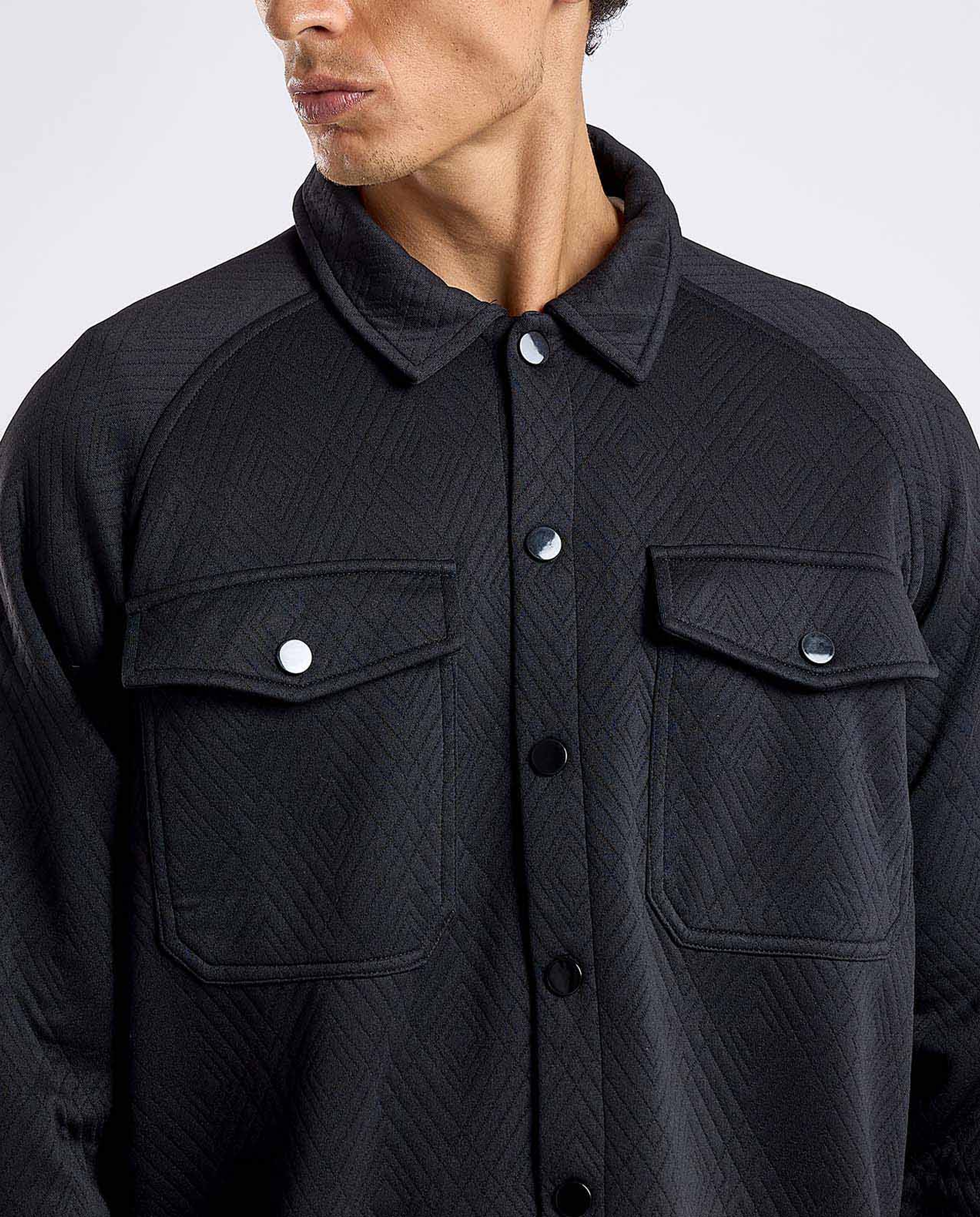 Self Patterned Shacket with Classic Collar and Long Sleeves