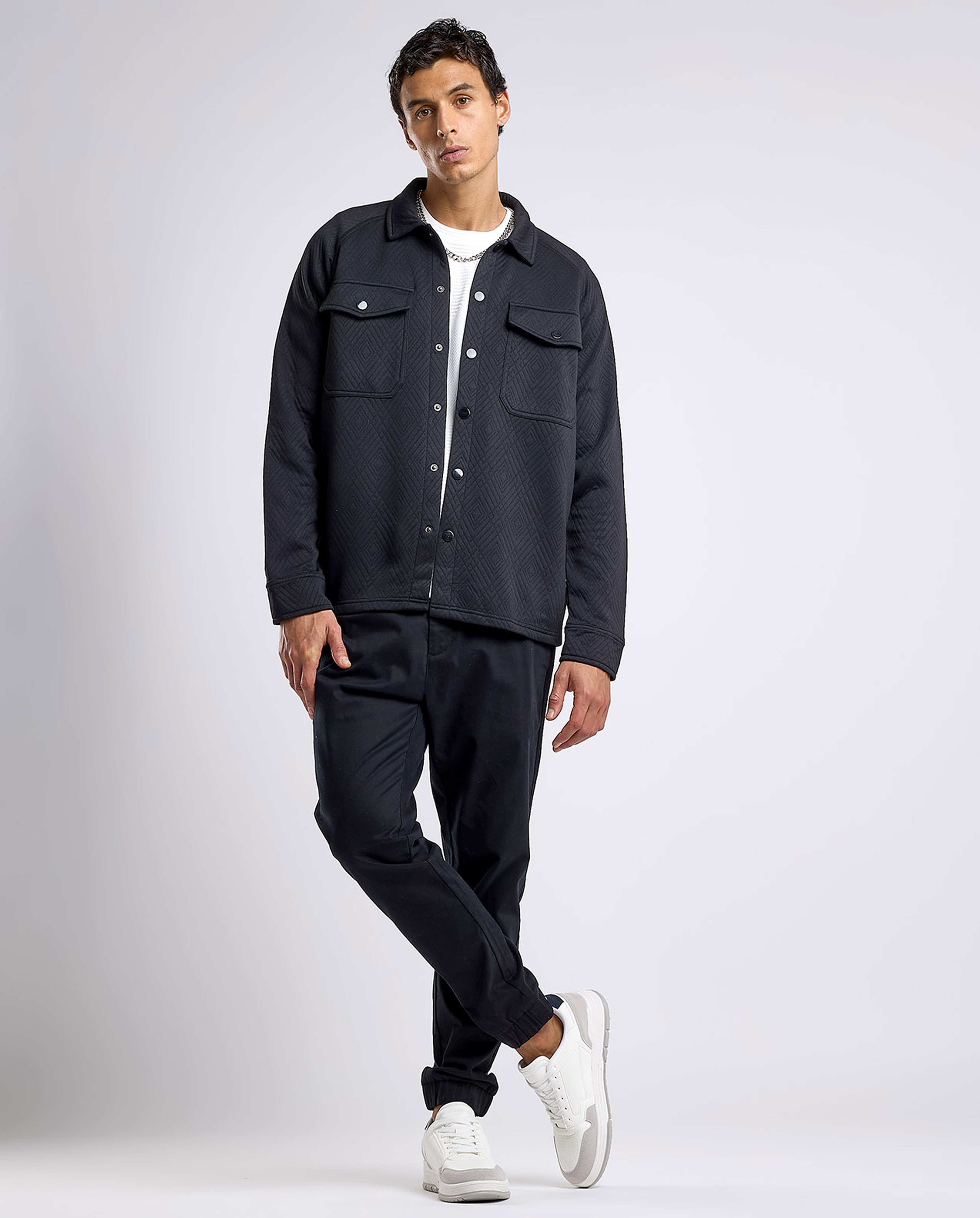 Self Patterned Shacket with Classic Collar and Long Sleeves