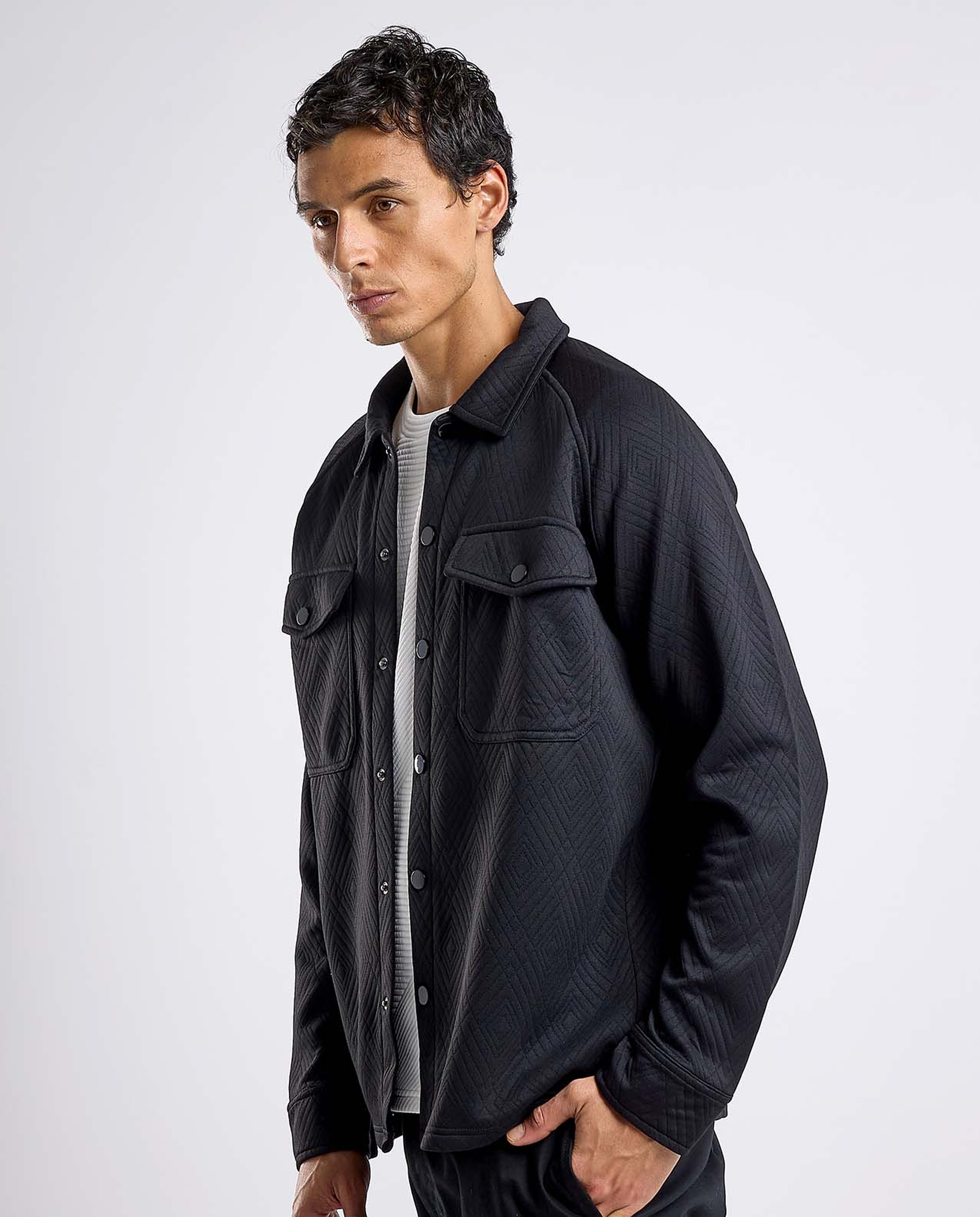 Self Patterned Shacket with Classic Collar and Long Sleeves