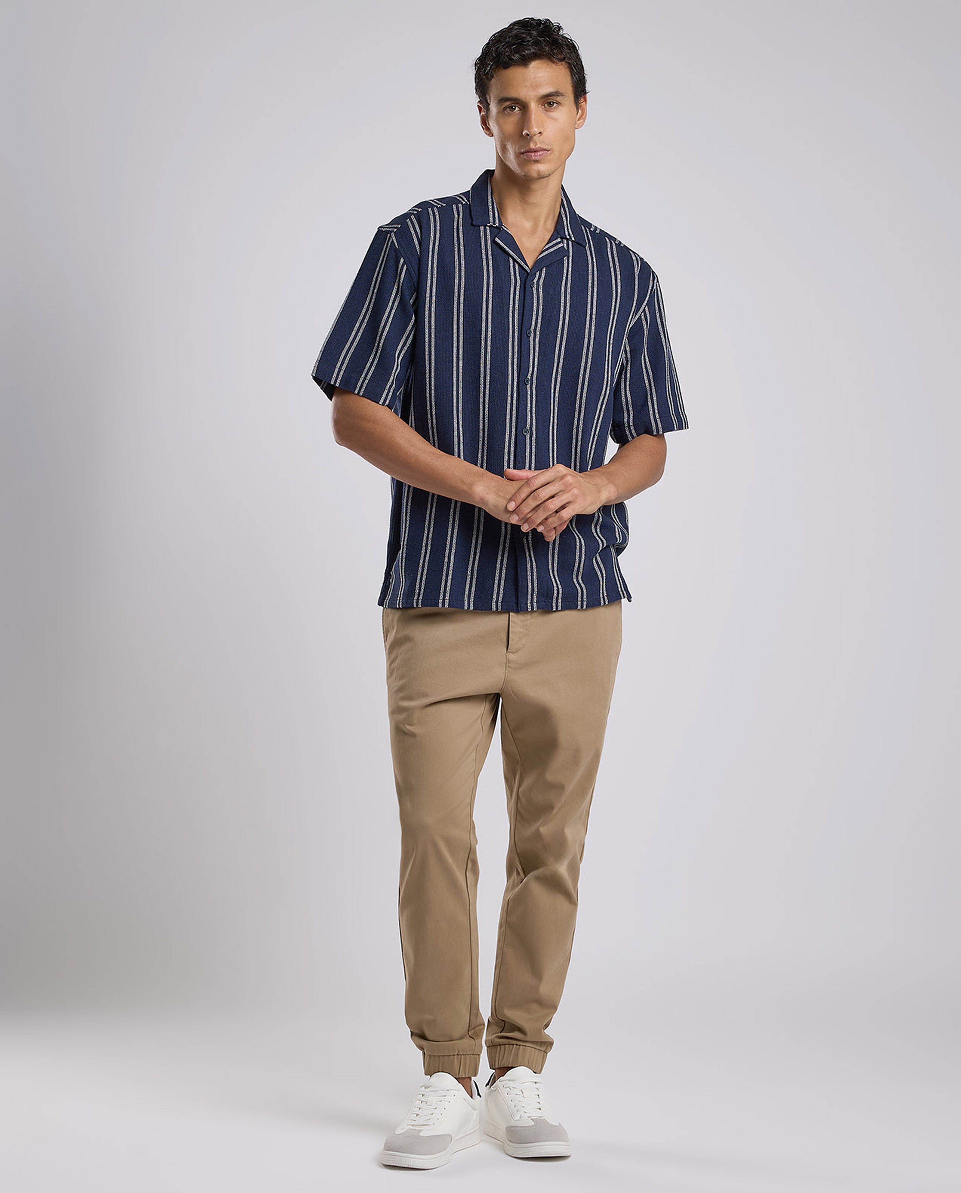 Striped Shirt with Revere Collar and Short Sleeves