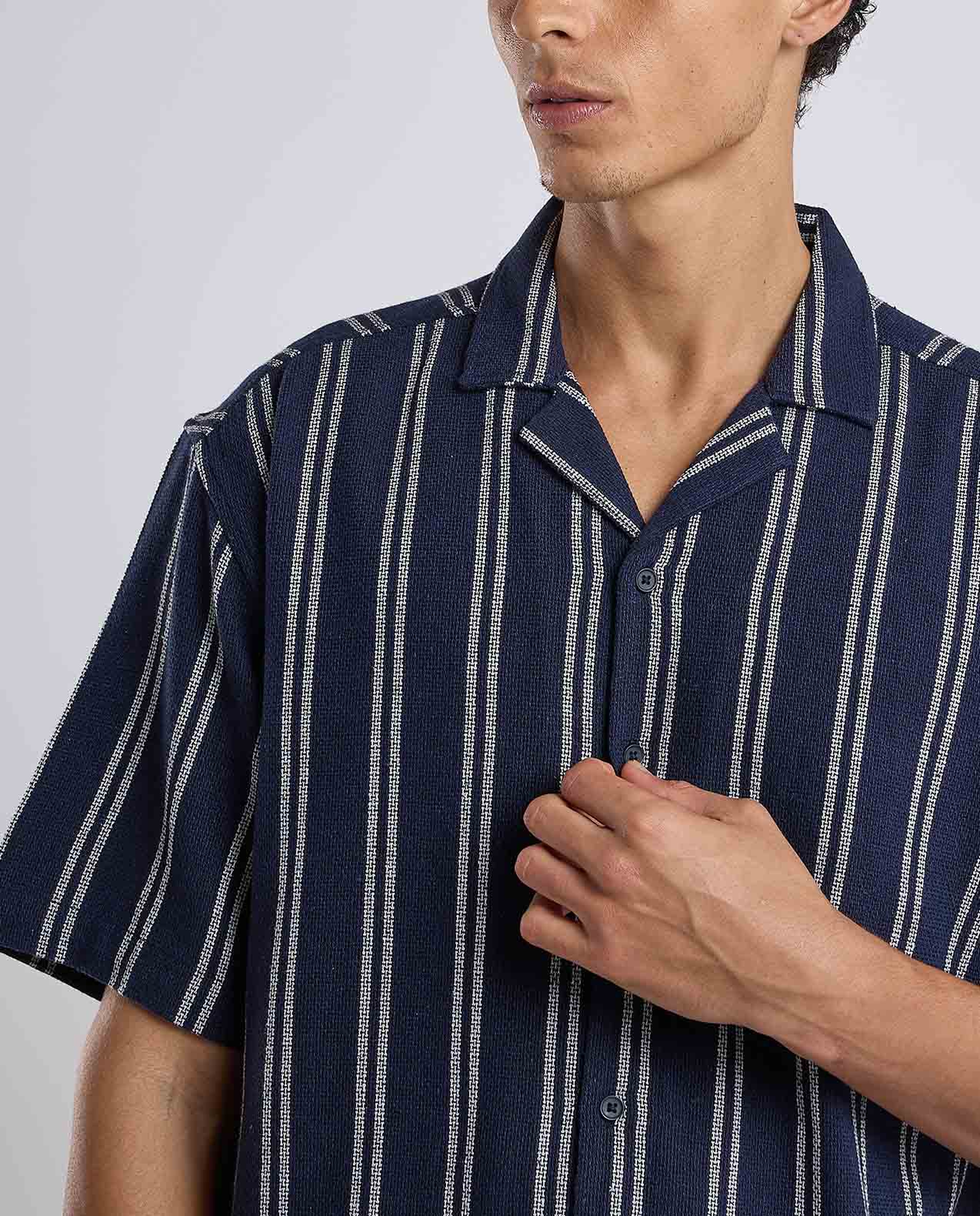 Striped Shirt with Revere Collar and Short Sleeves