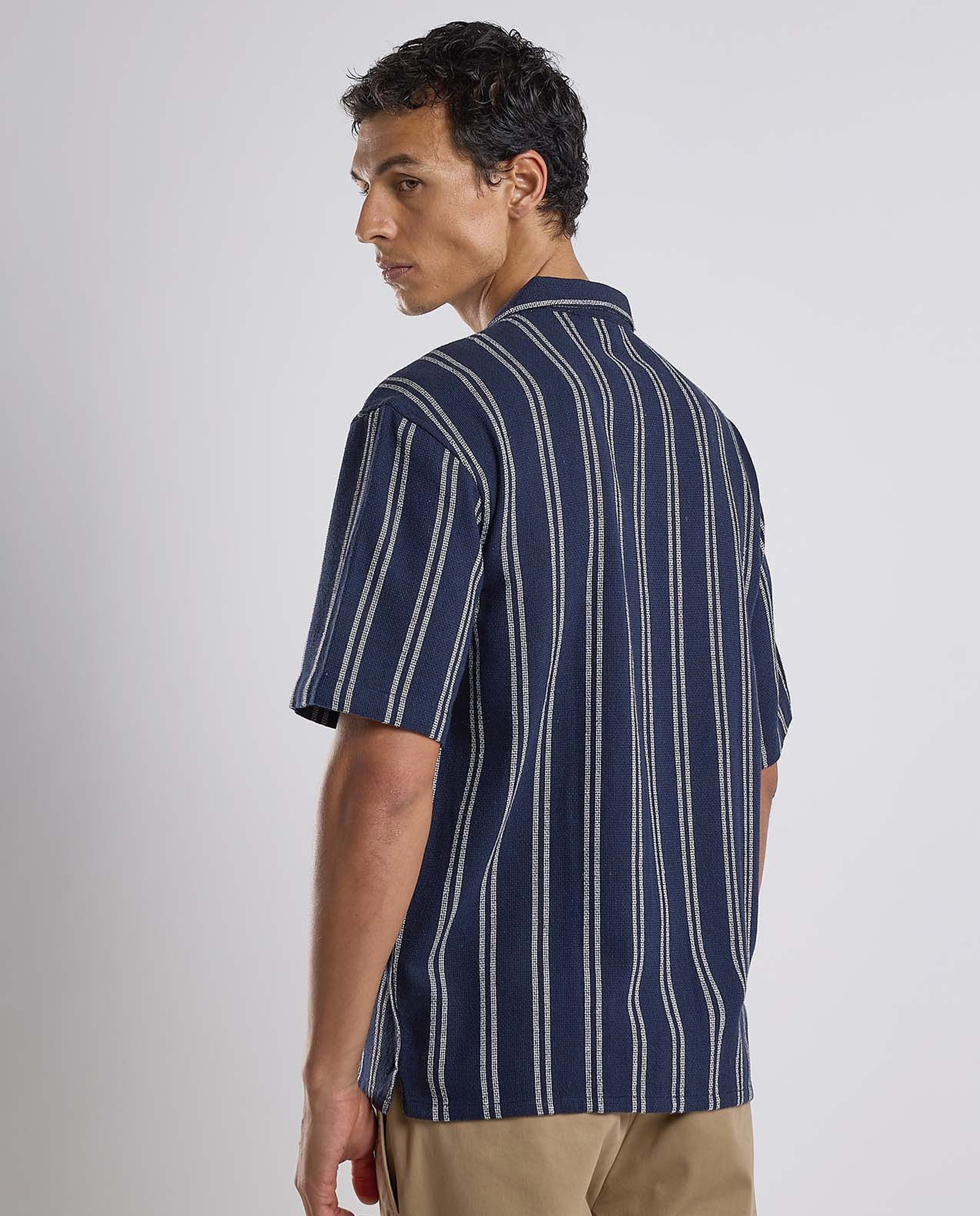 Striped Shirt with Revere Collar and Short Sleeves