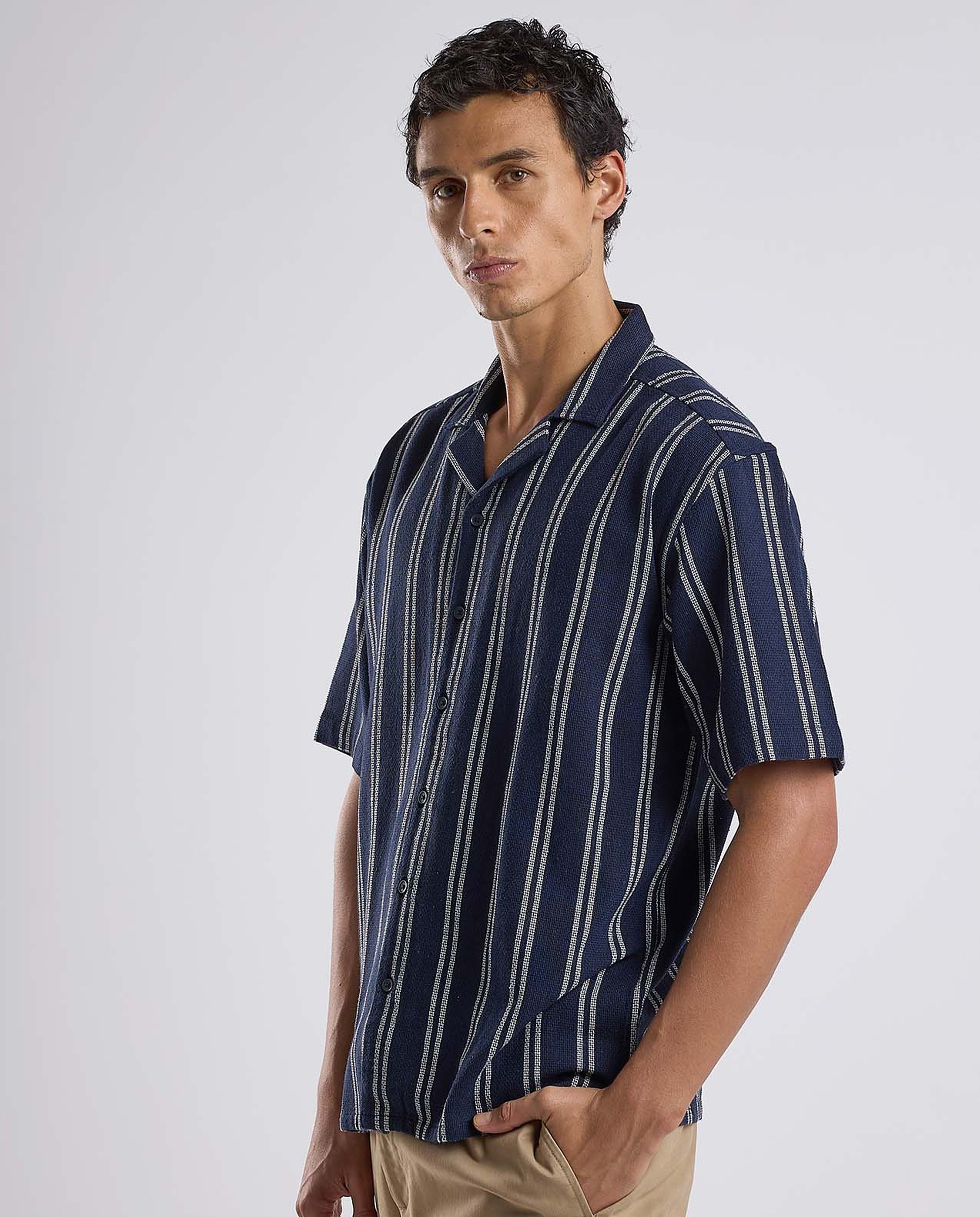 Striped Shirt with Revere Collar and Short Sleeves