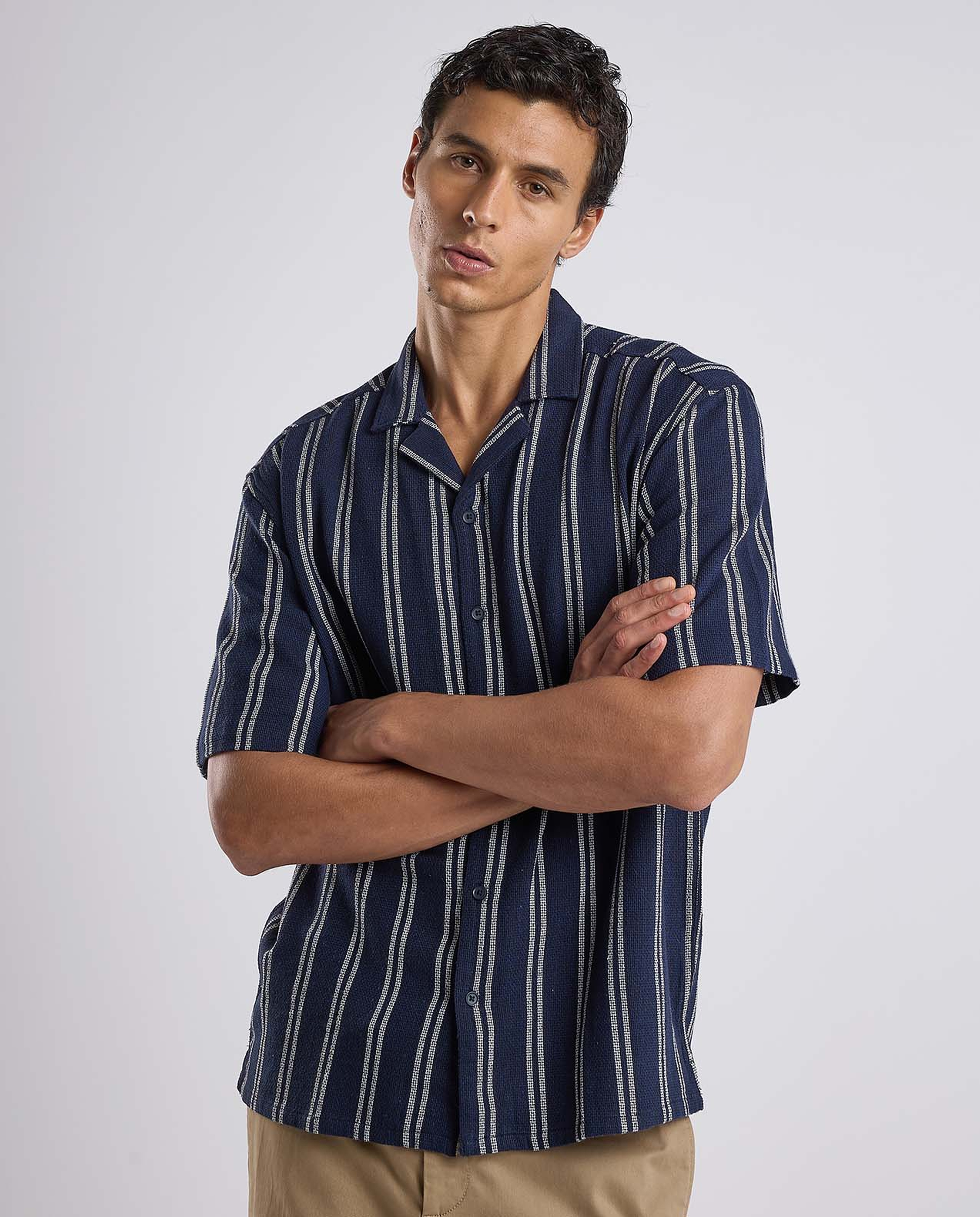 Striped Shirt with Revere Collar and Short Sleeves