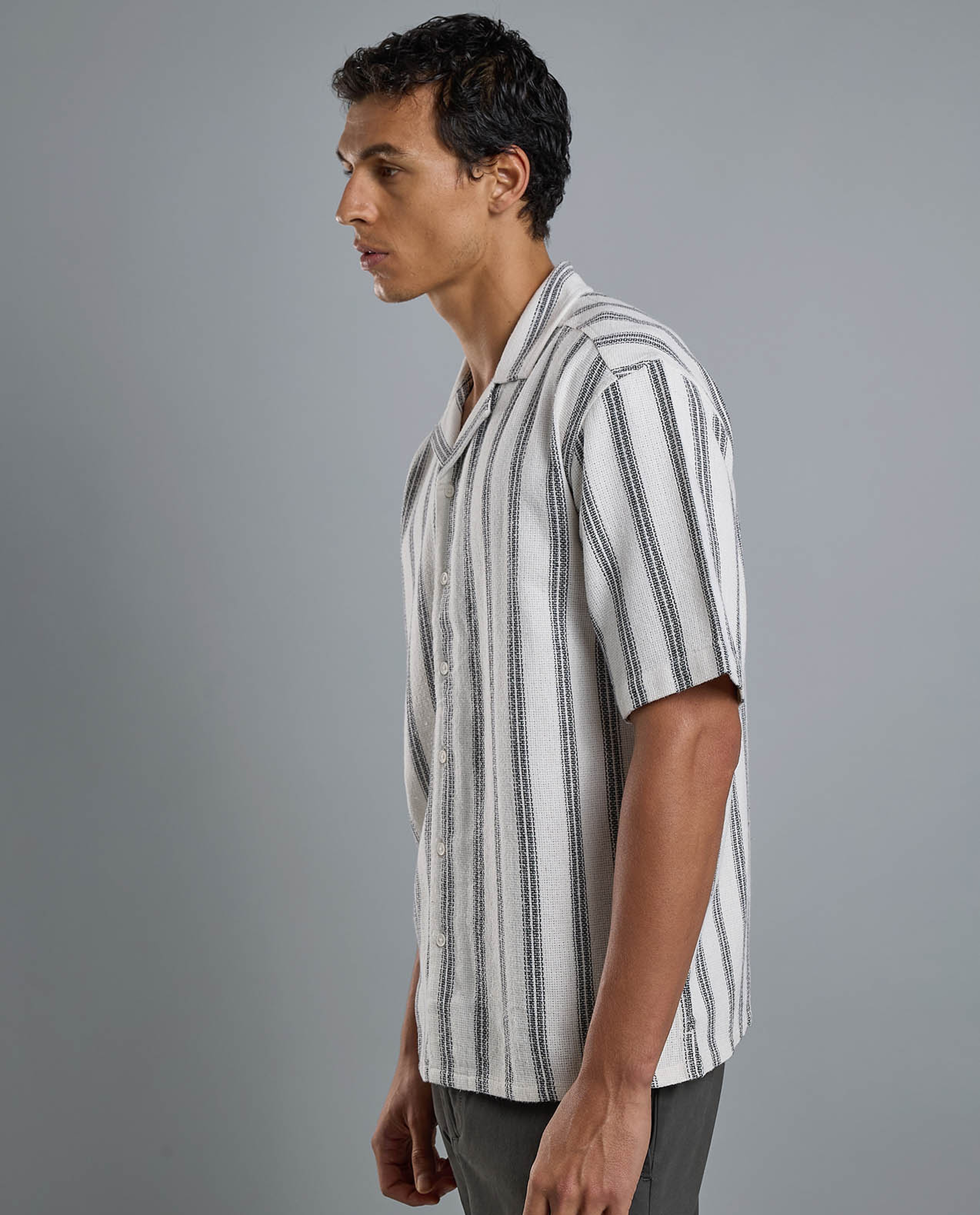 Striped Shirt with Revere Collar and Short Sleeves