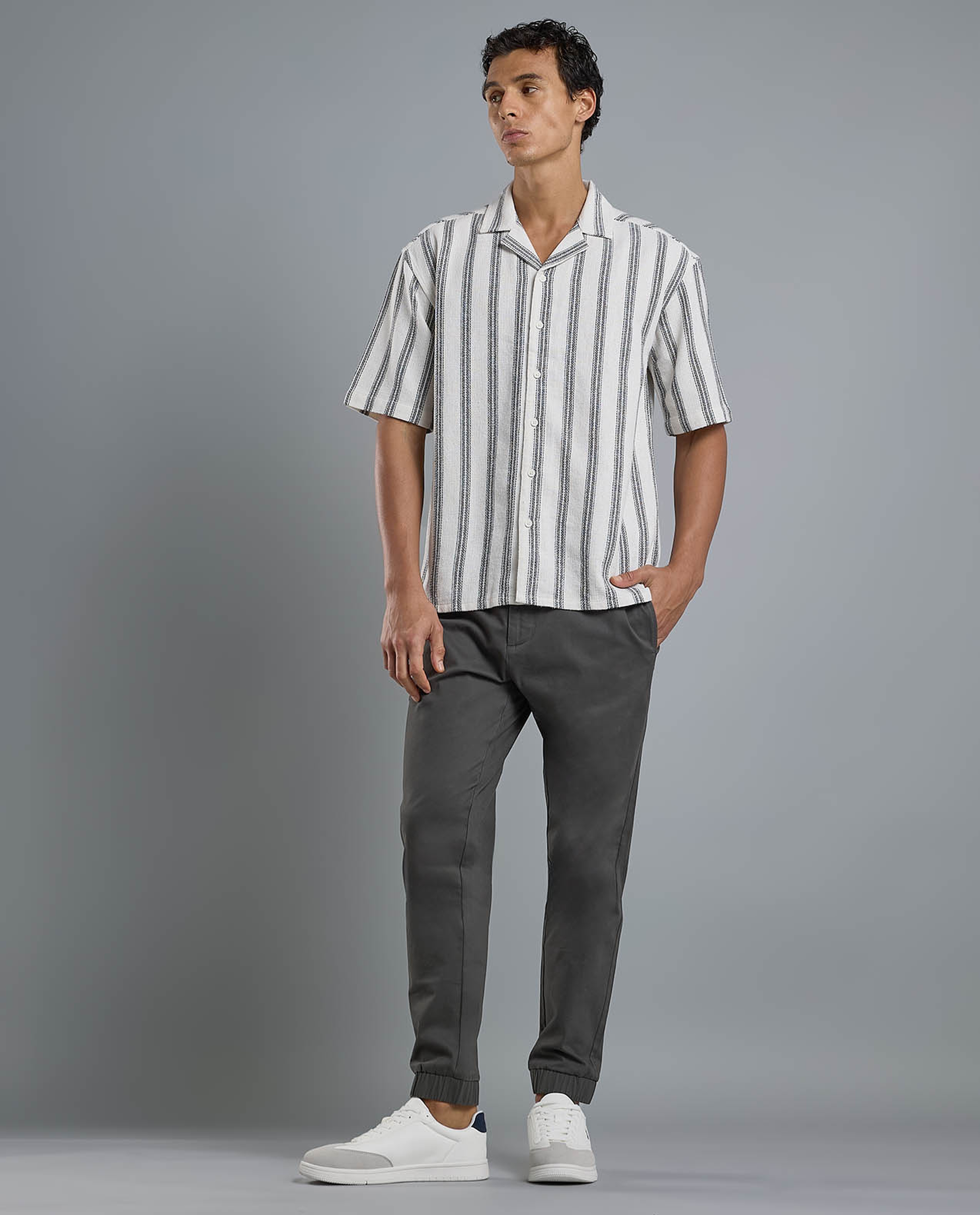 Striped Shirt with Revere Collar and Short Sleeves