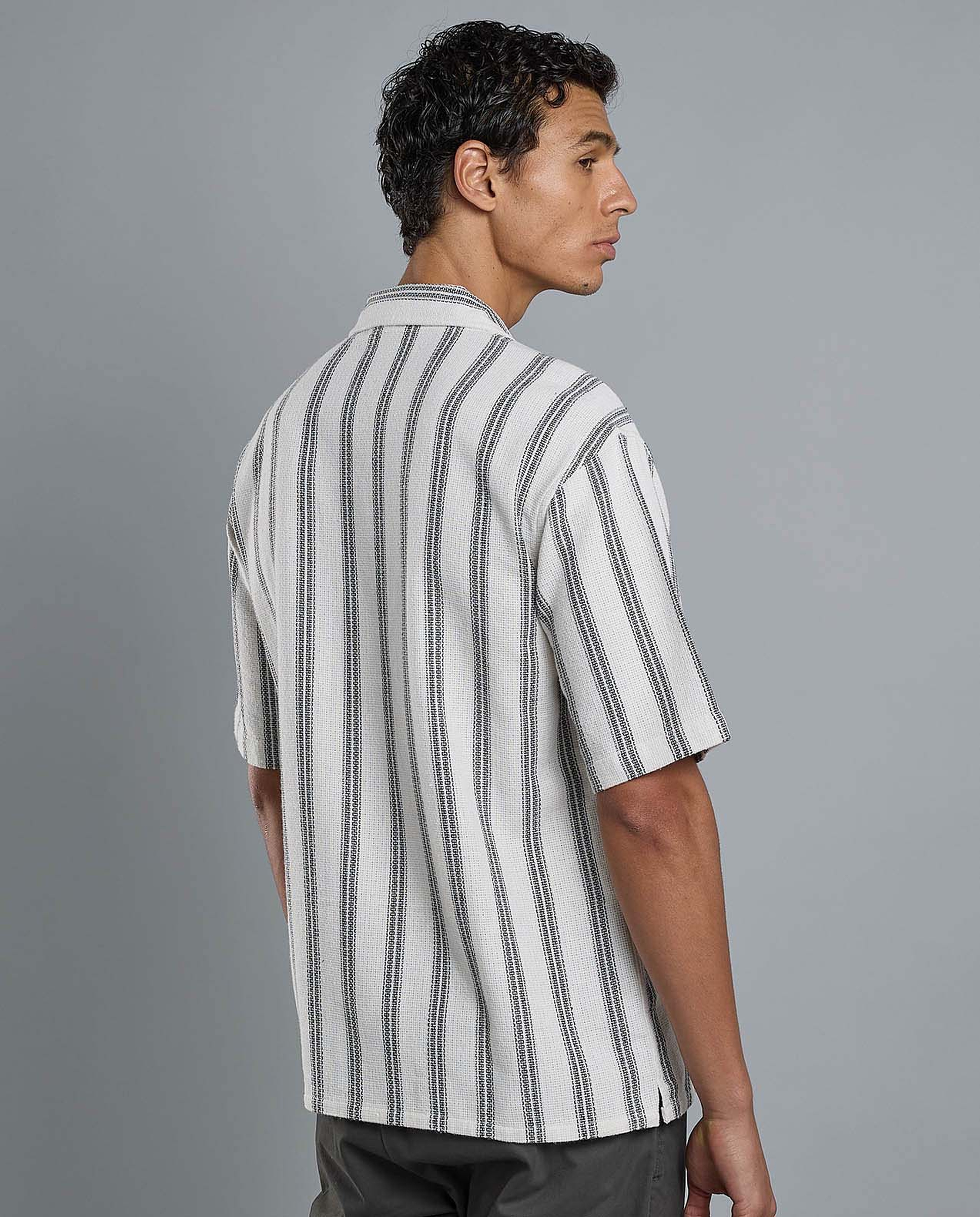 Striped Shirt with Revere Collar and Short Sleeves