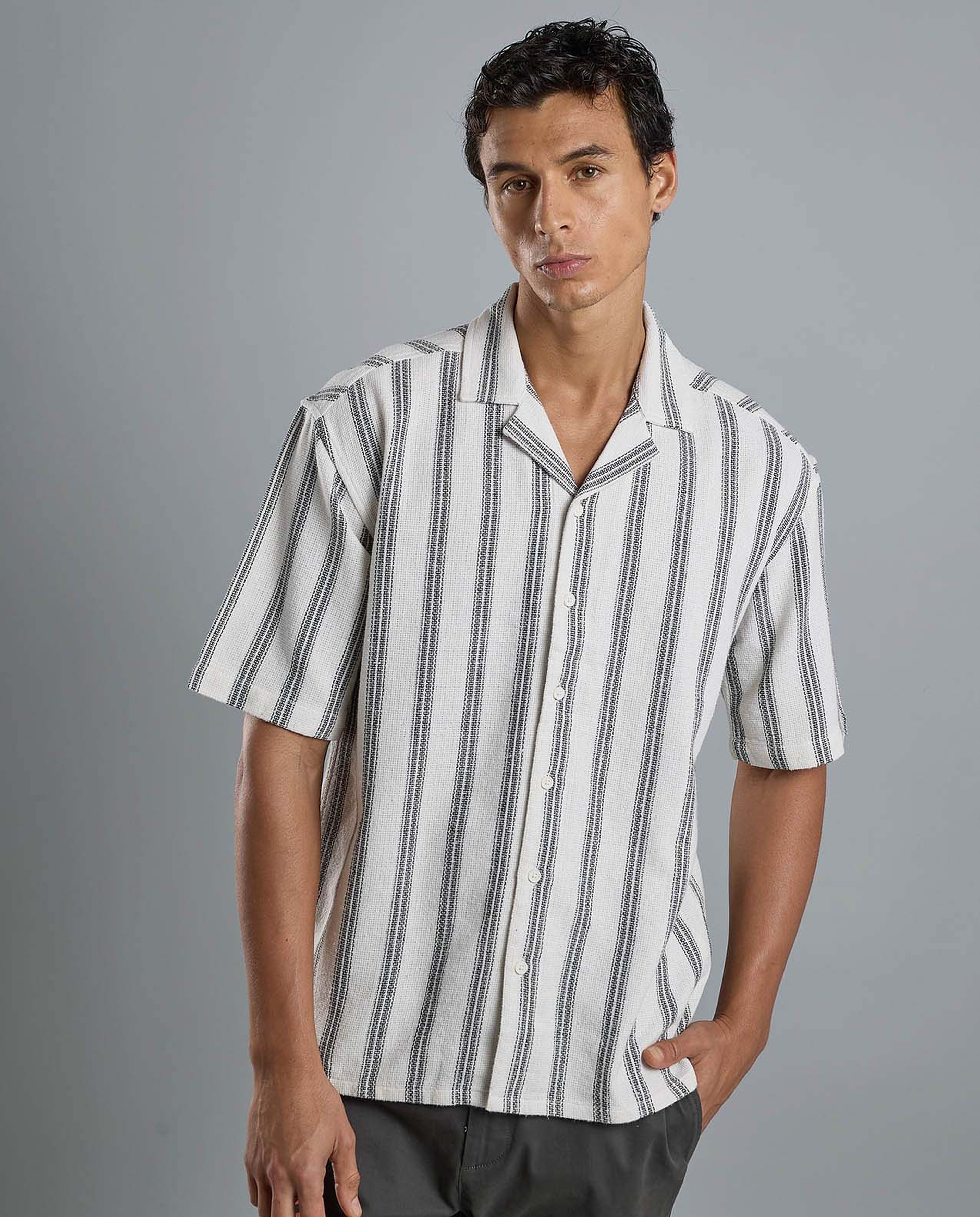 Striped Shirt with Revere Collar and Short Sleeves