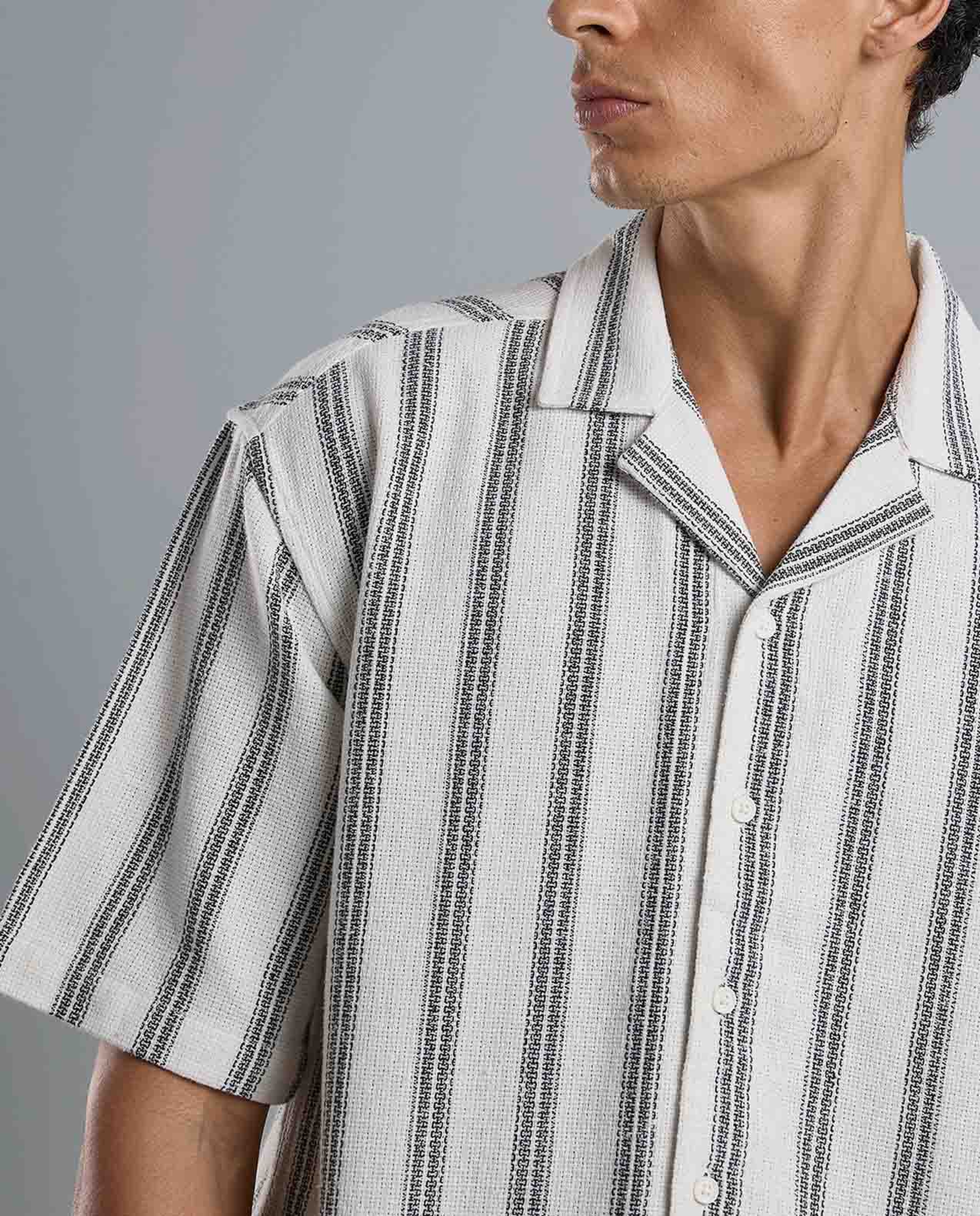 Striped Shirt with Revere Collar and Short Sleeves