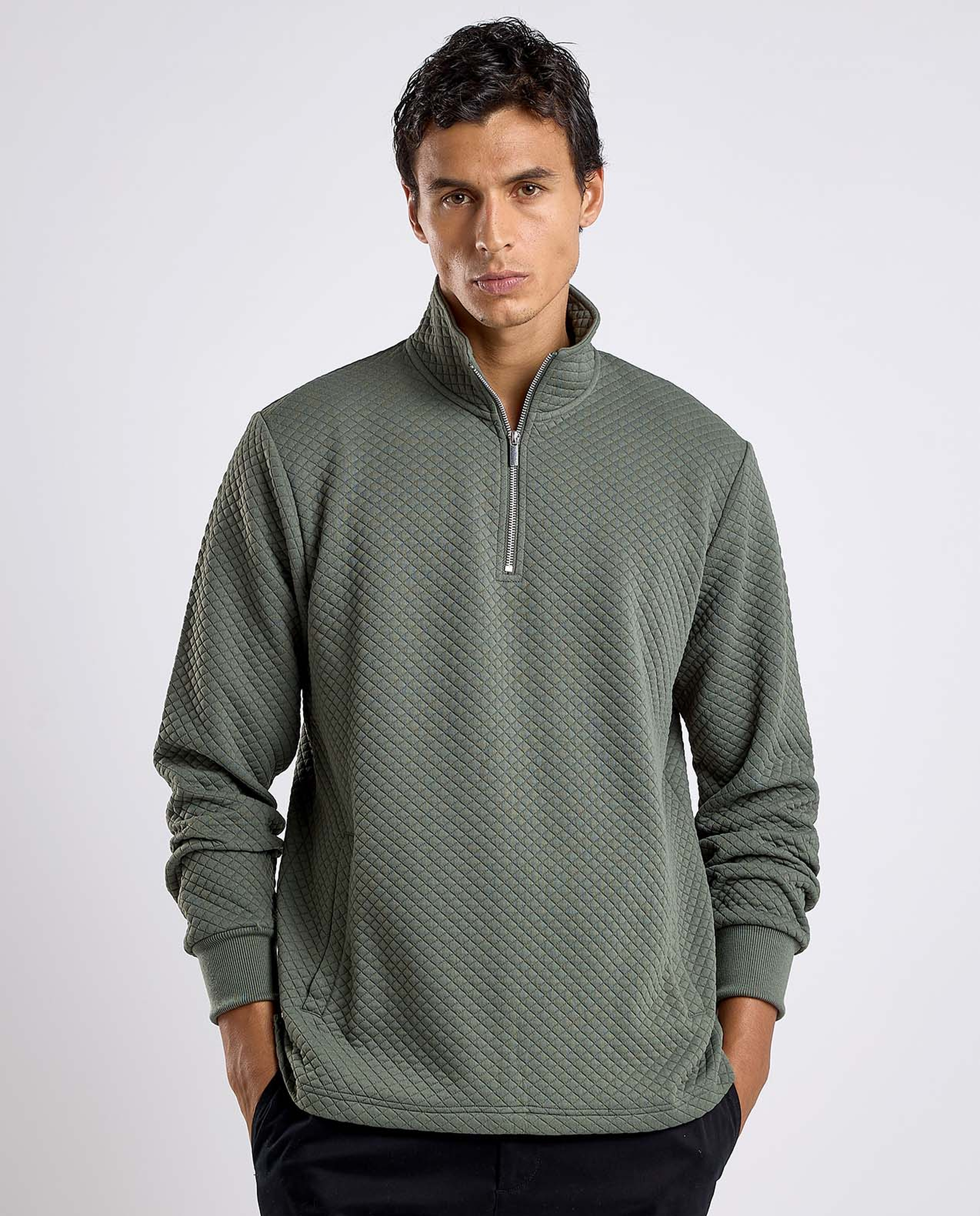 Textured Sweatshirt with High Neck and Long Sleeves