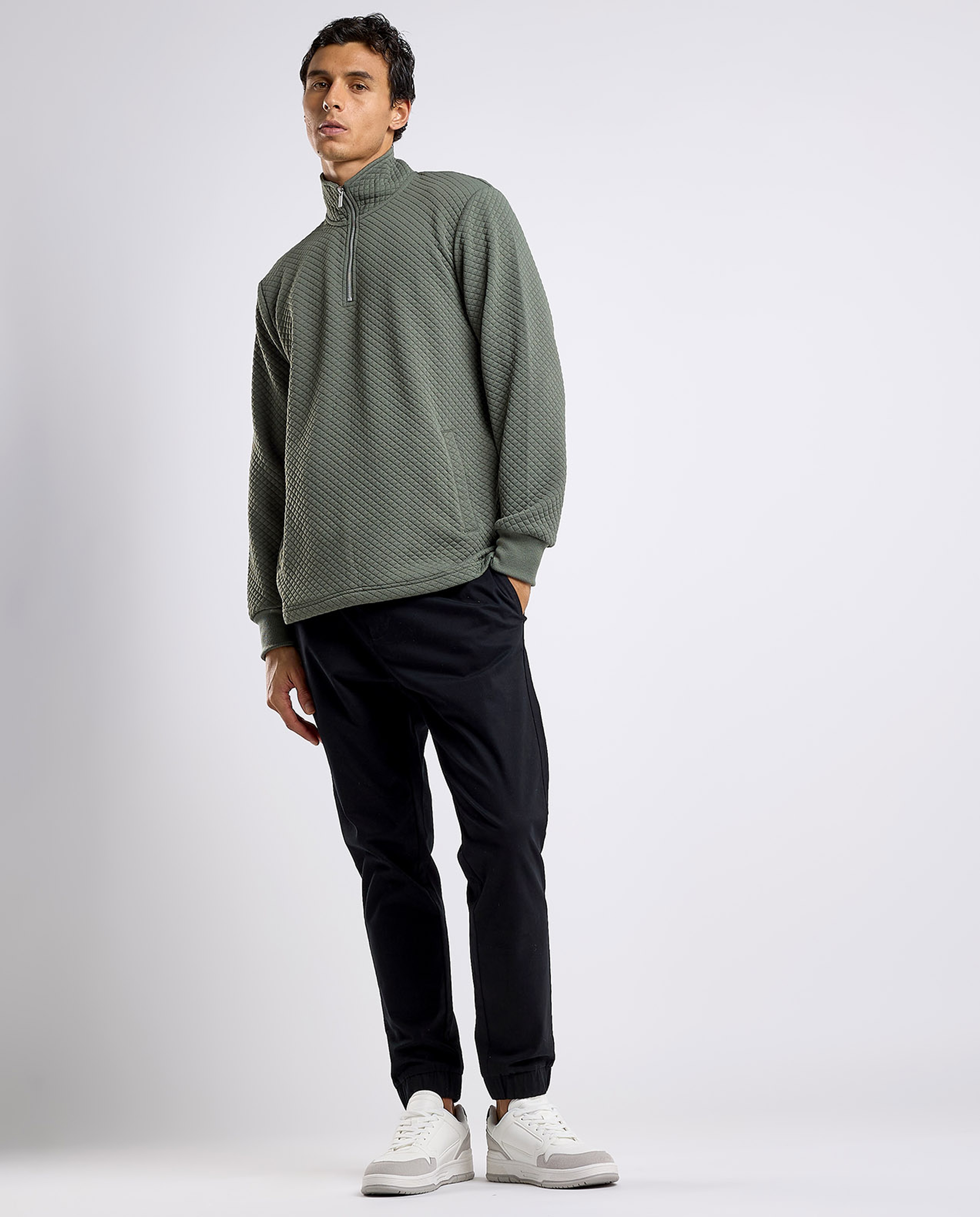 Textured Sweatshirt with High Neck and Long Sleeves