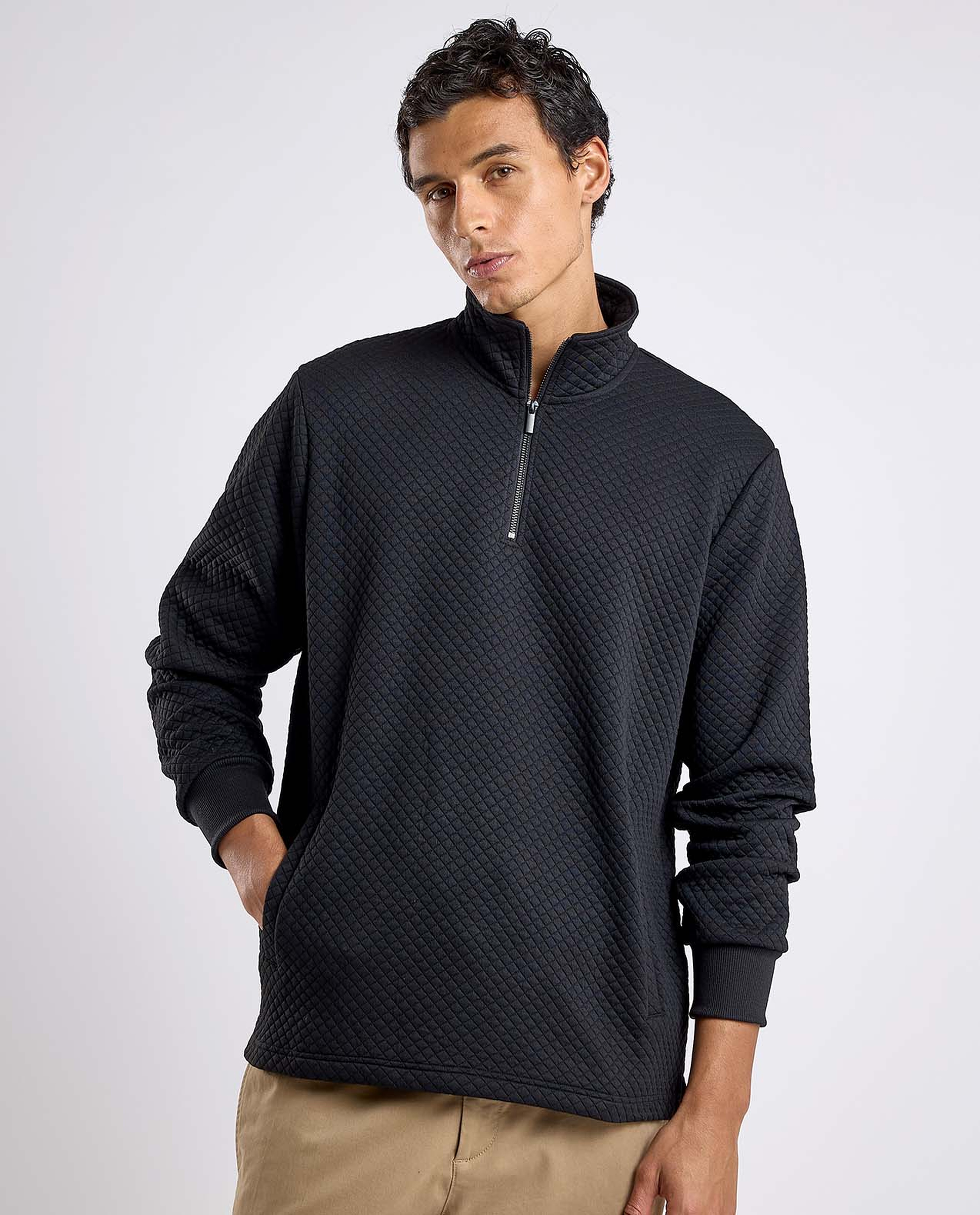 Textured Sweatshirt with High Neck and Long Sleeves