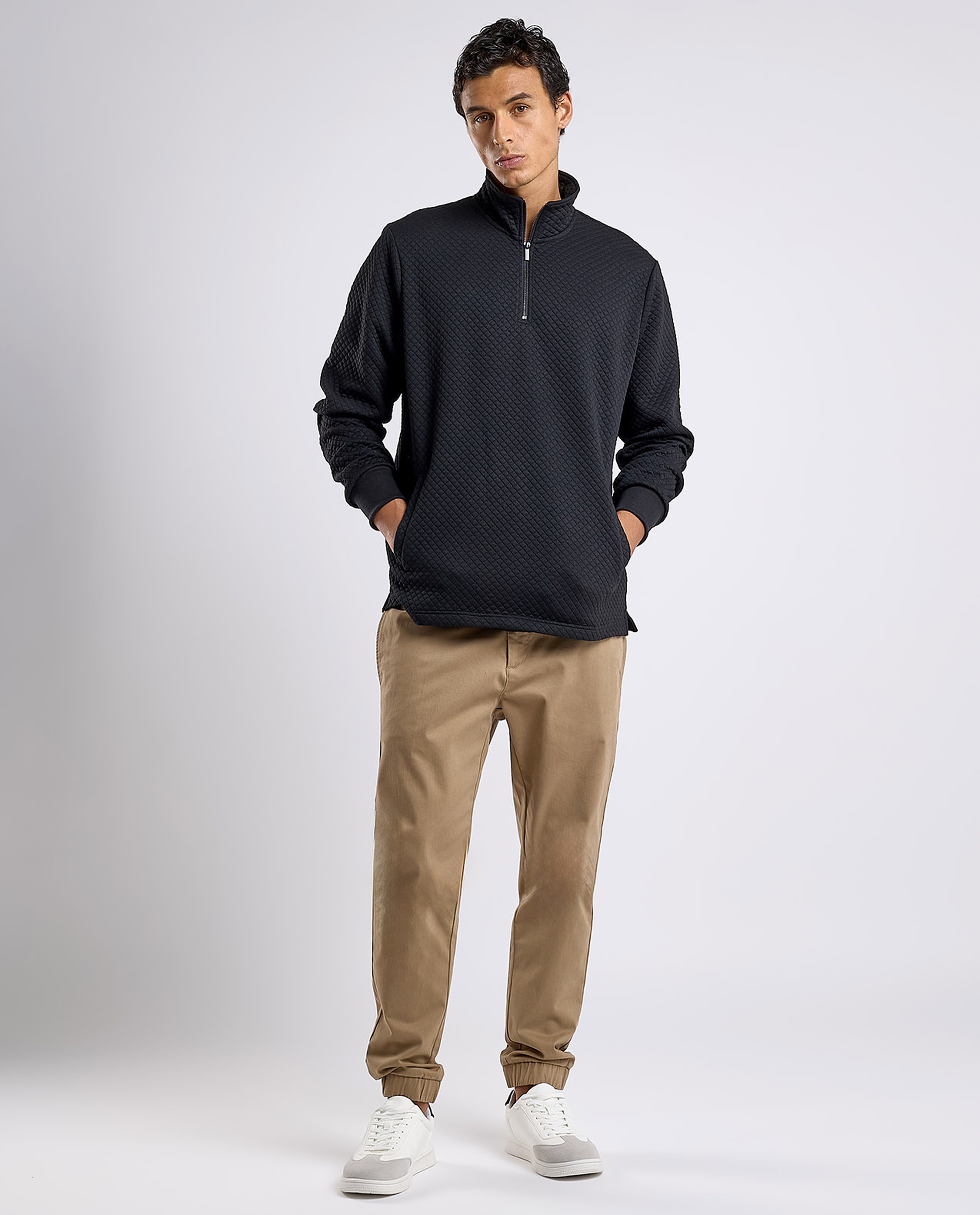 Textured Sweatshirt with High Neck and Long Sleeves