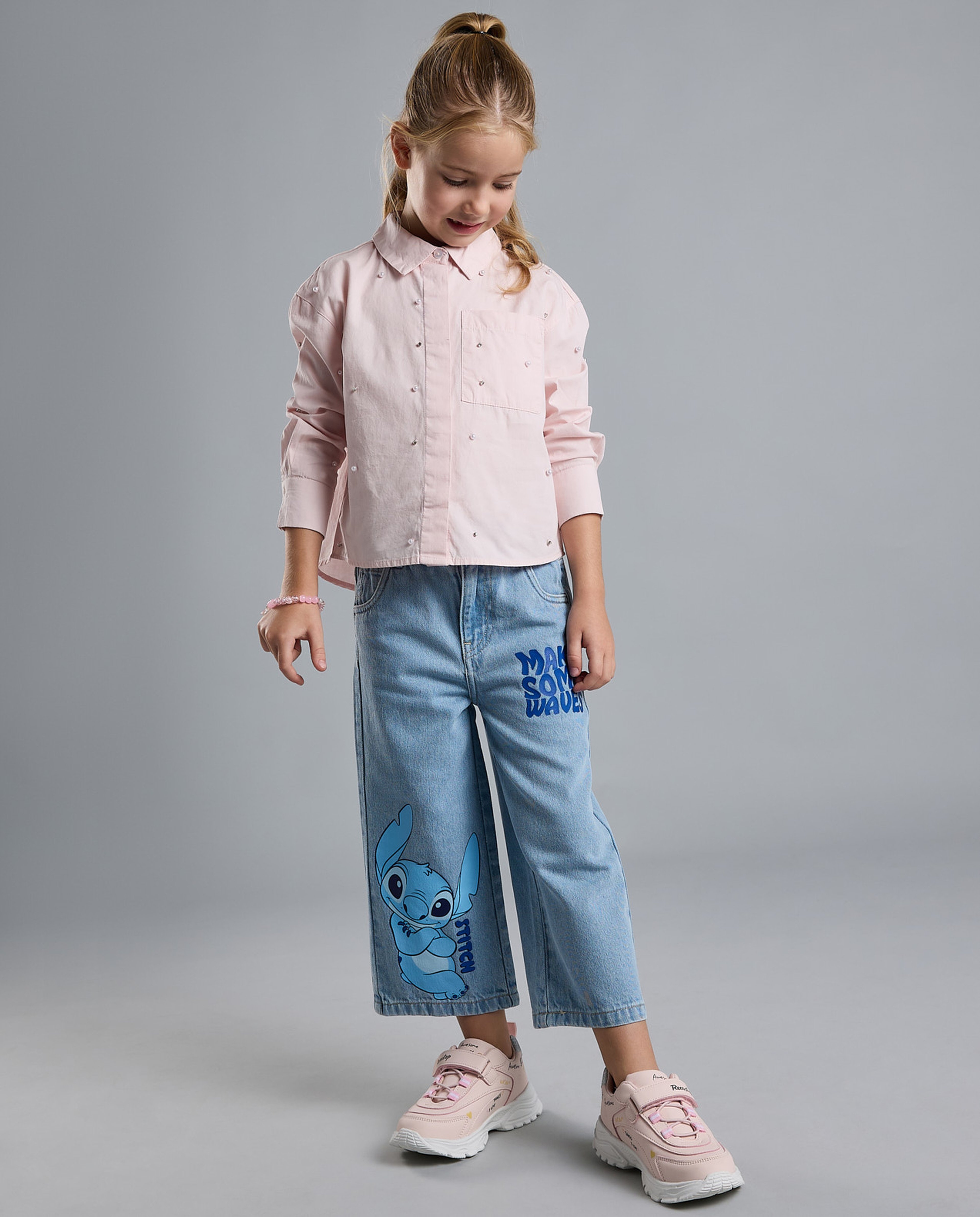 Stitch Printed Wide Leg Jeans with Button Closure