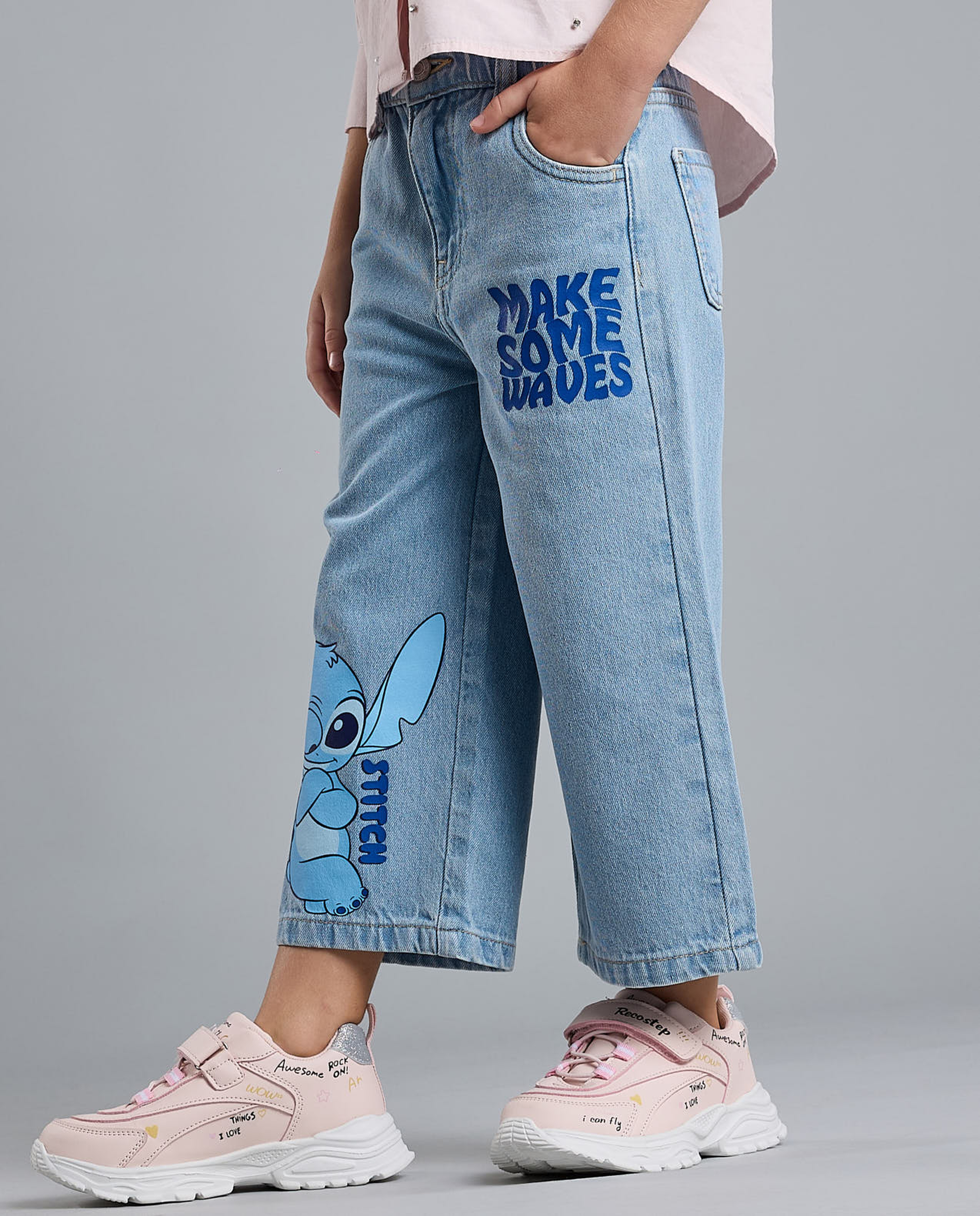 Stitch Printed Wide Leg Jeans with Button Closure