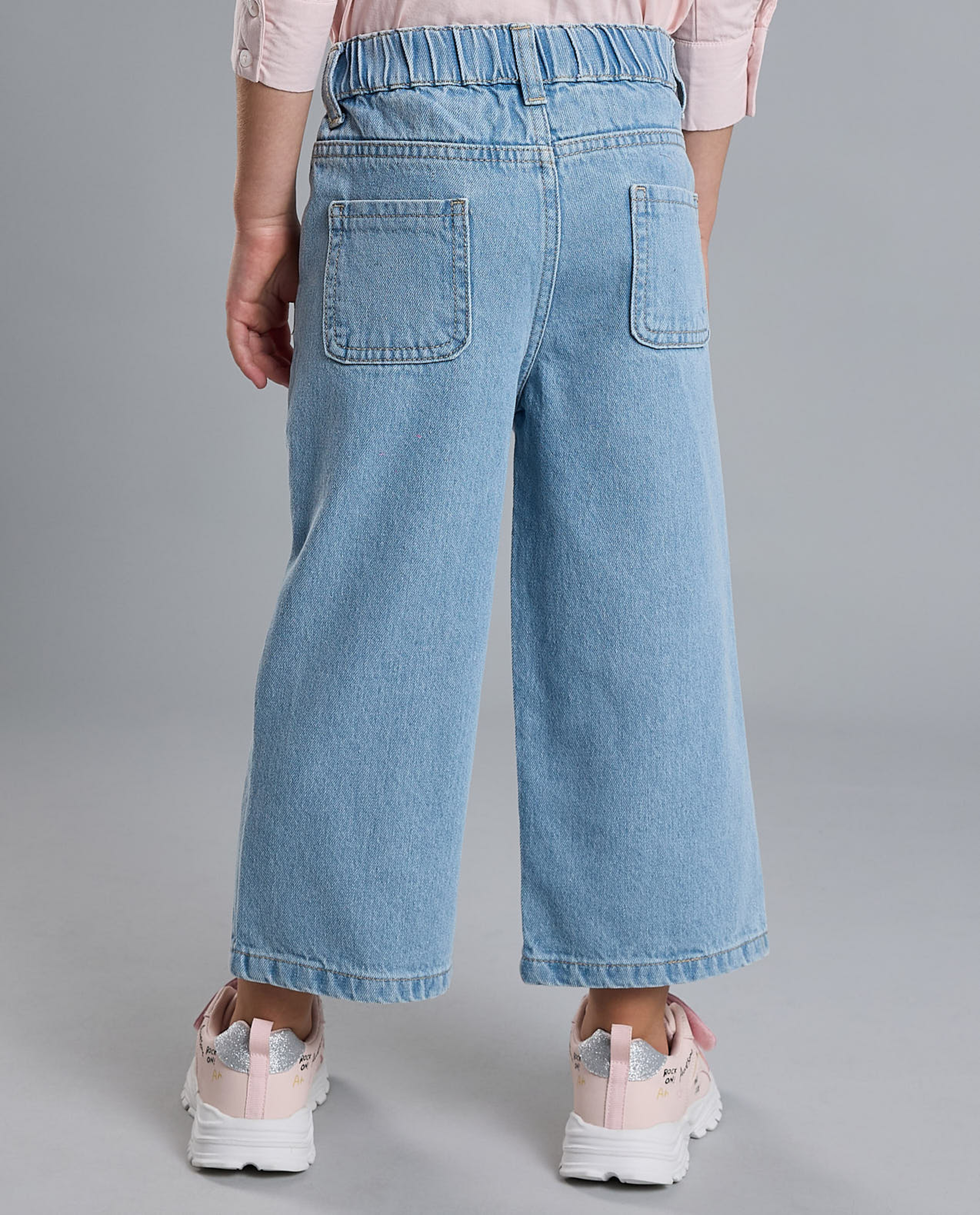 Stitch Printed Wide Leg Jeans with Button Closure