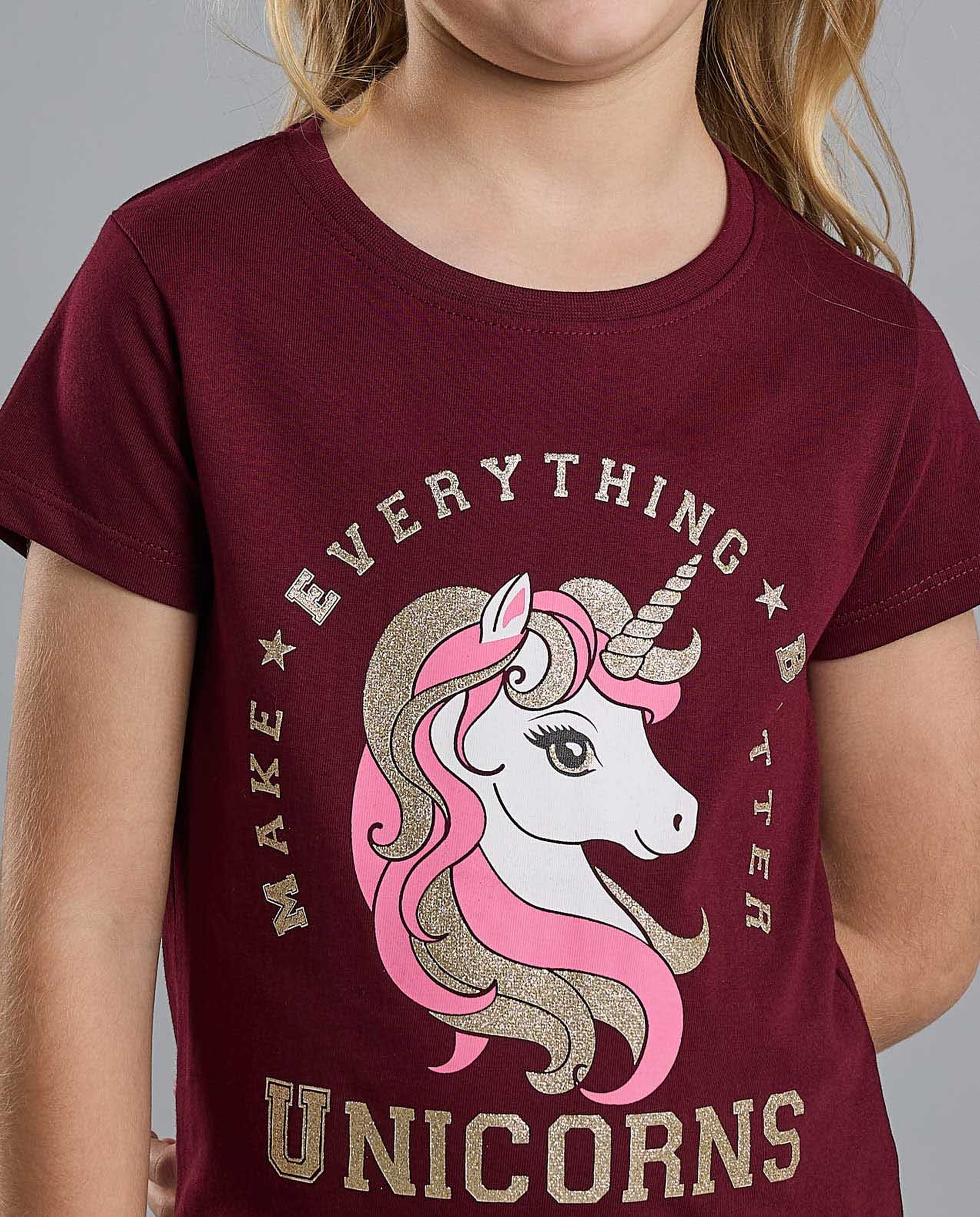 Unicorn Print T-Shirt with Crew Neck and Short Sleeves