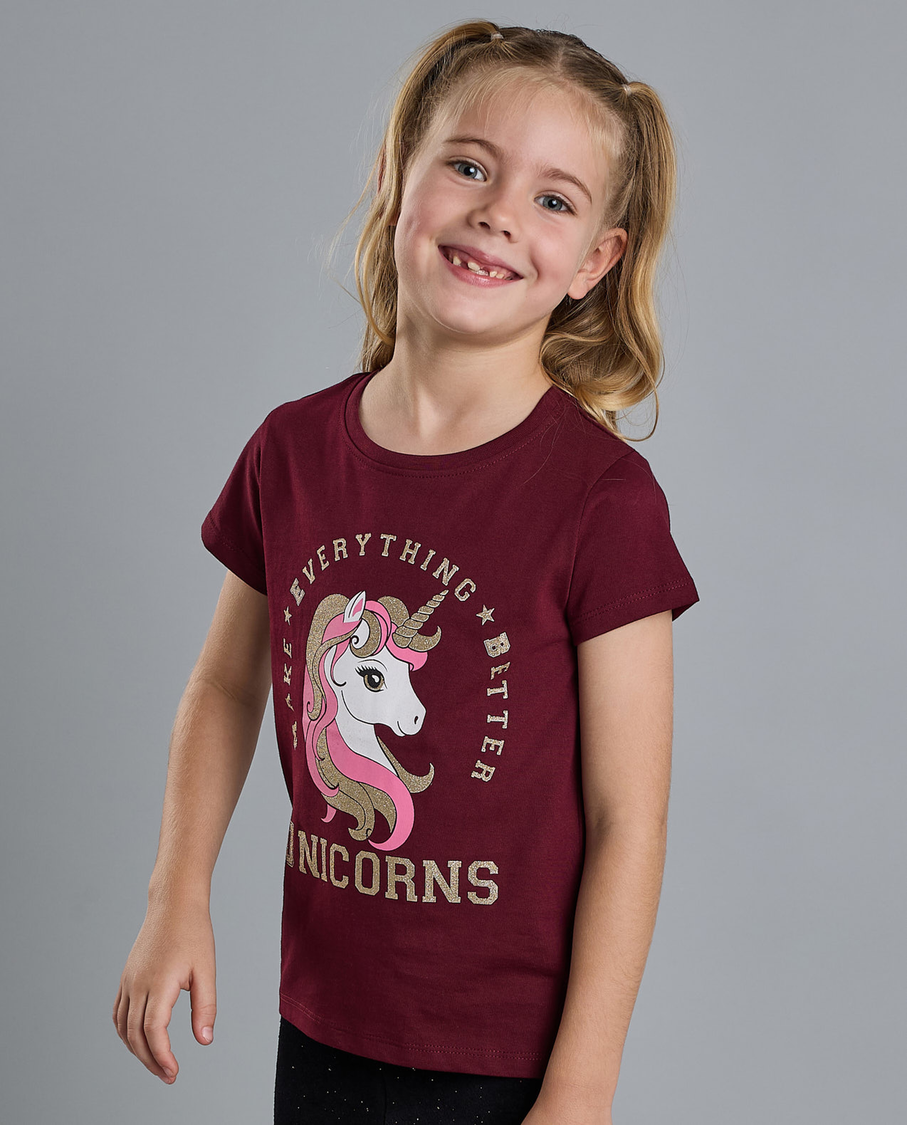 Unicorn Print T-Shirt with Crew Neck and Short Sleeves