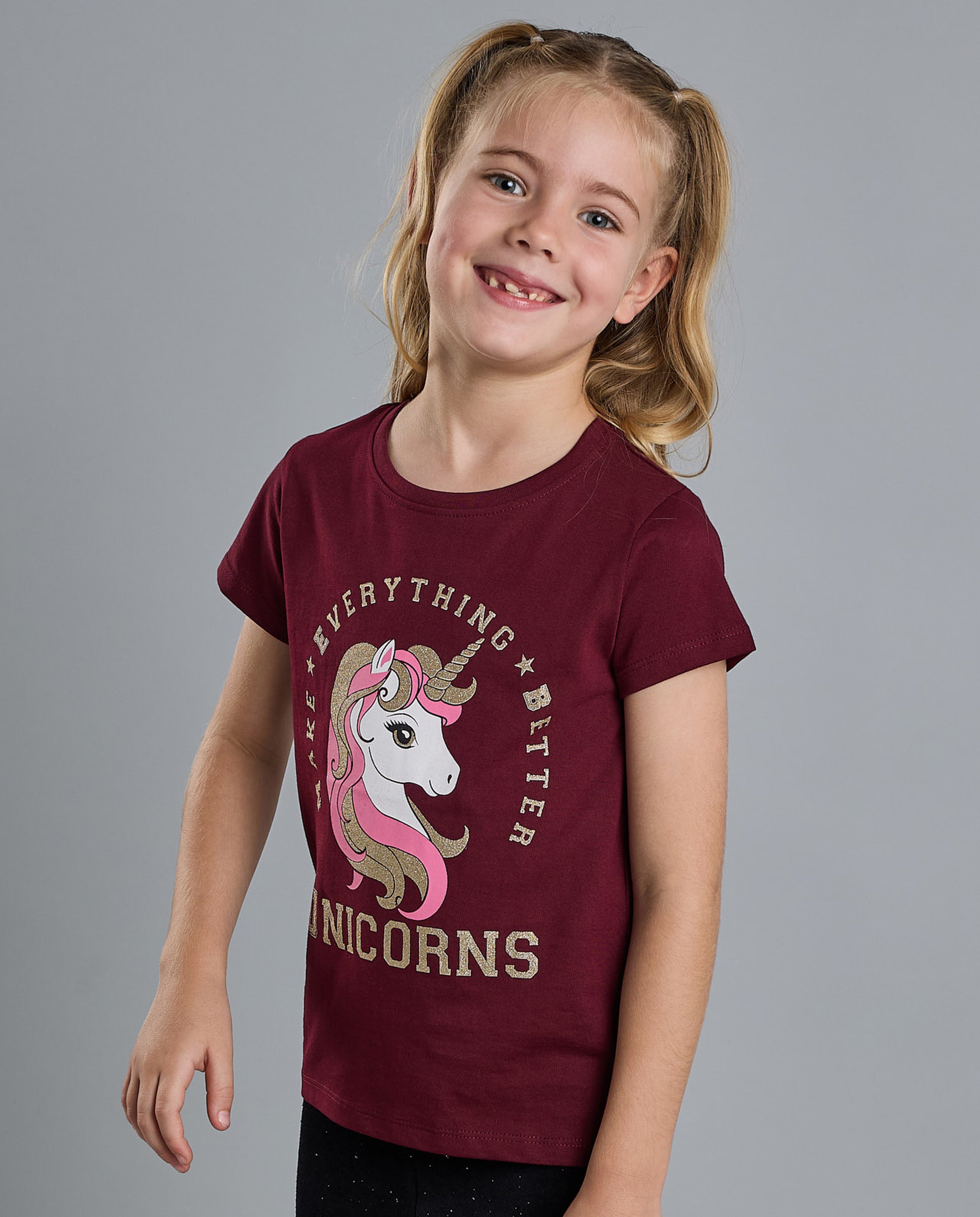 Unicorn Print T-Shirt with Crew Neck and Short Sleeves