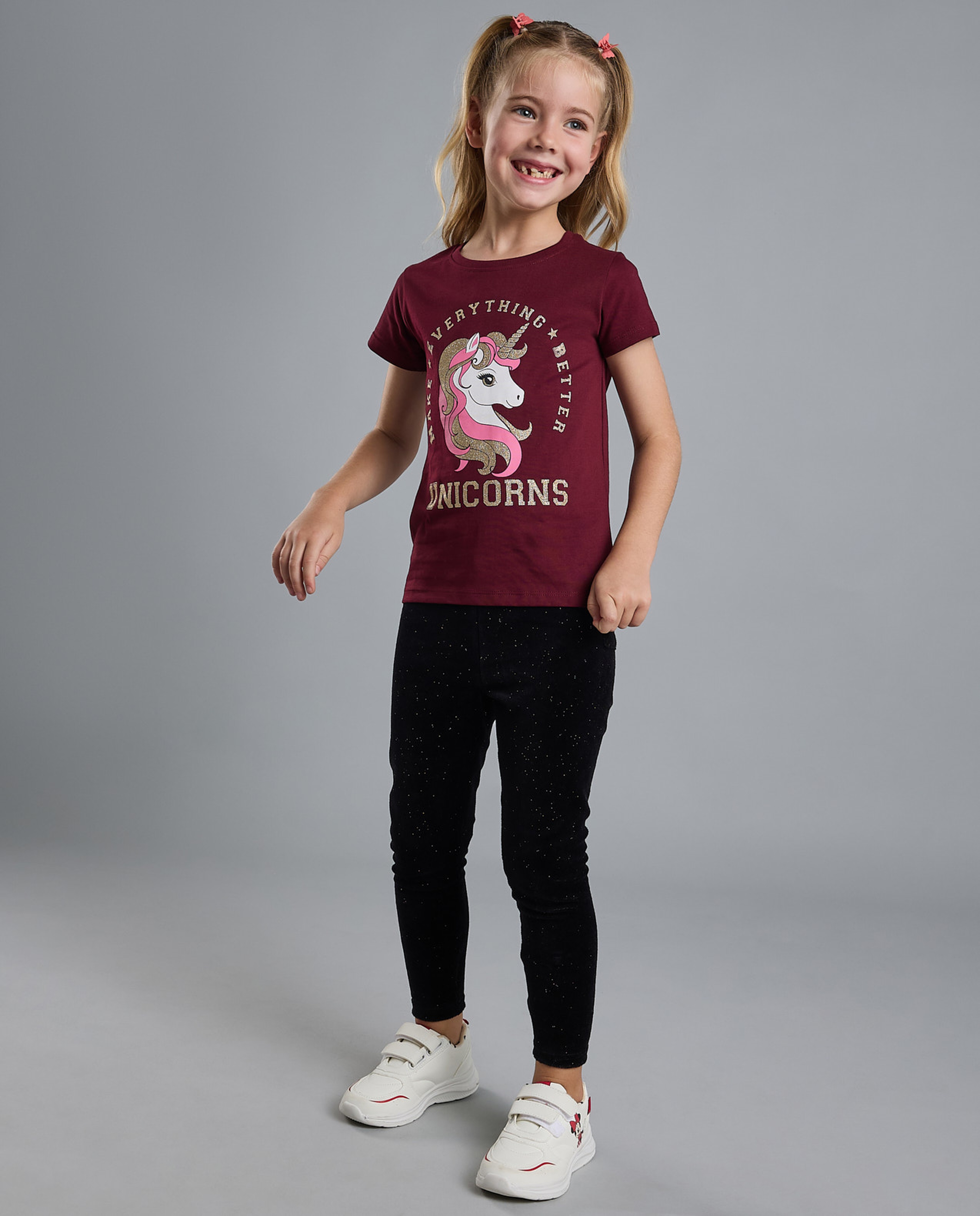 Unicorn Print T-Shirt with Crew Neck and Short Sleeves