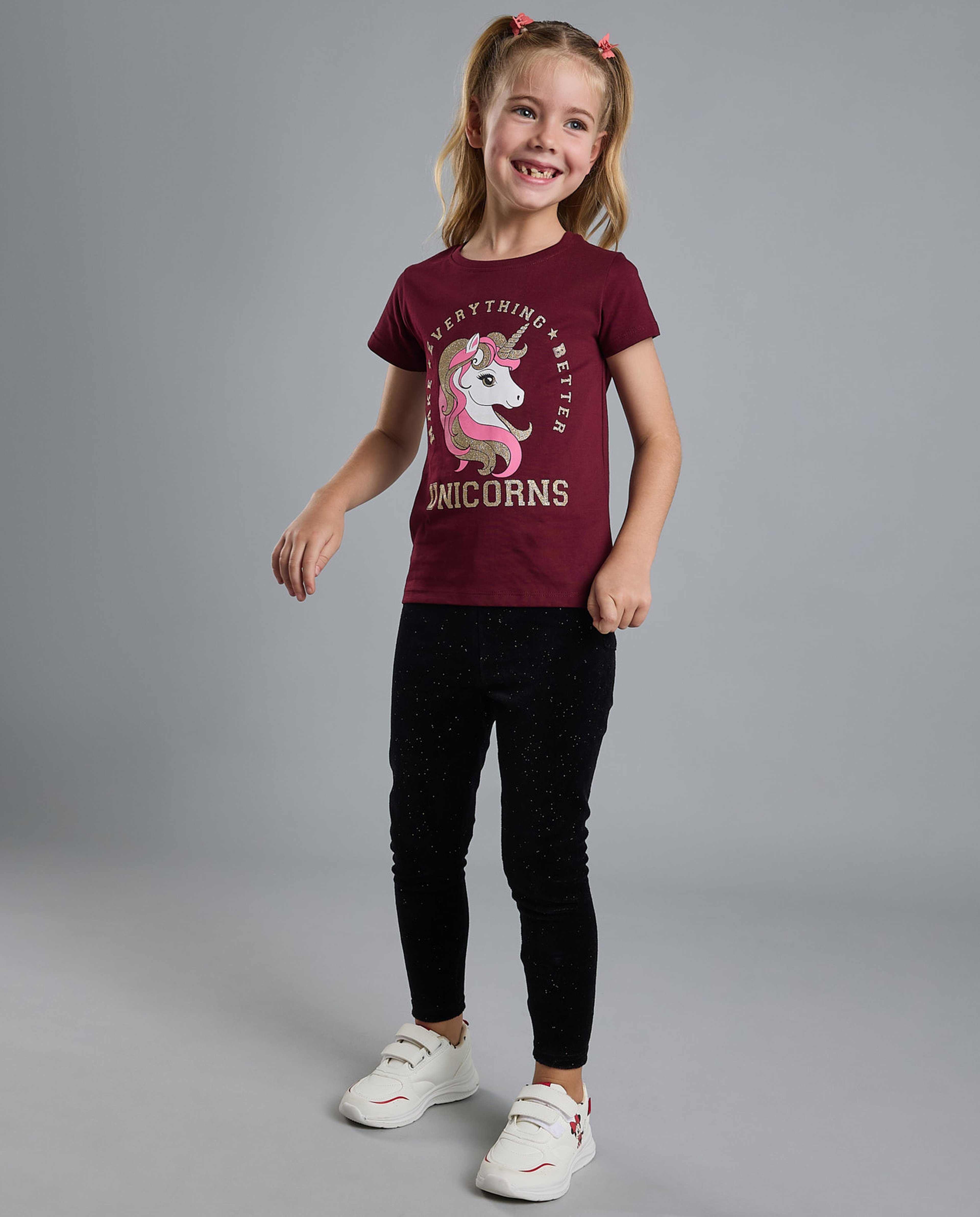Unicorn Print T-Shirt with Crew Neck and Short Sleeves