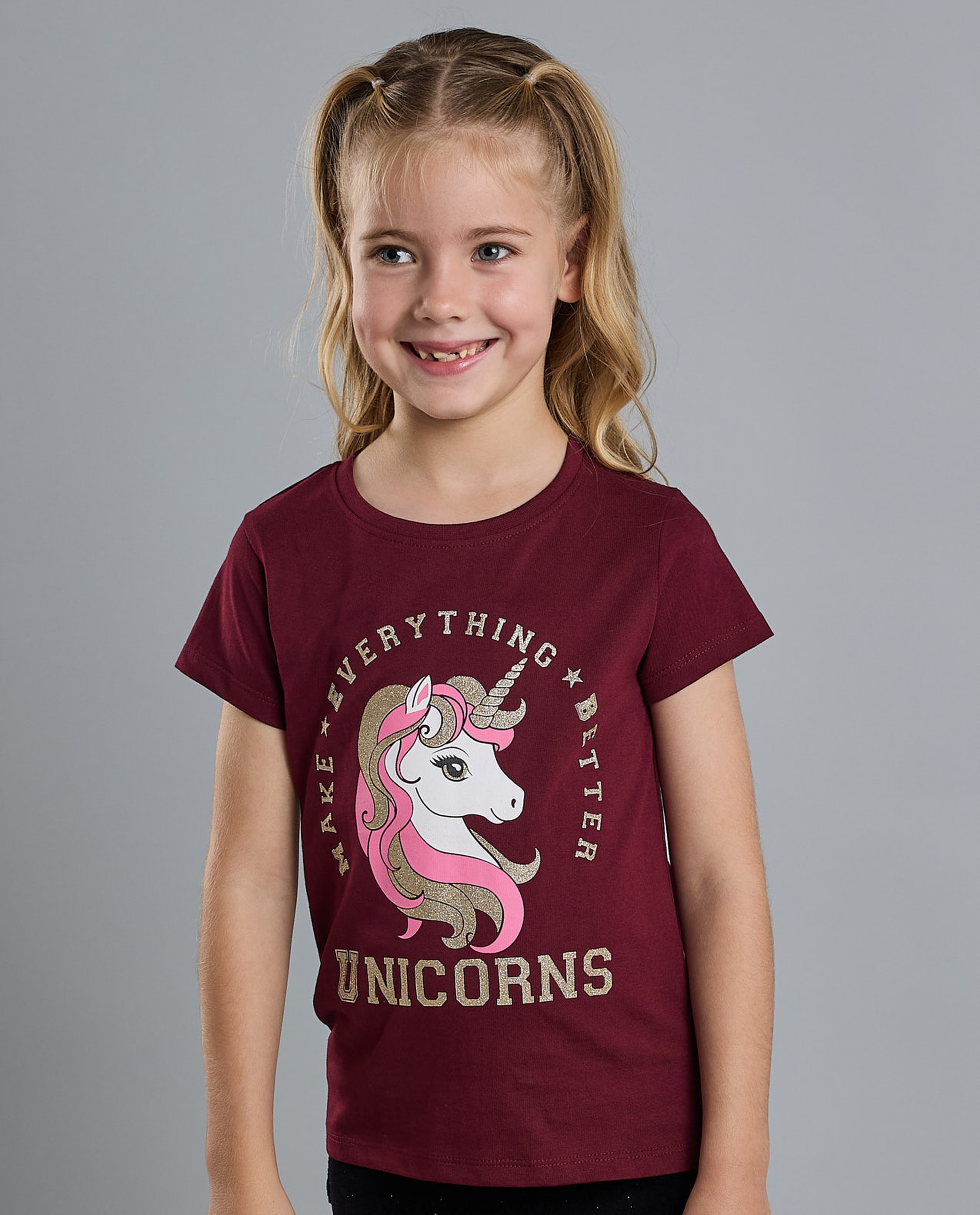 Unicorn Print T-Shirt with Crew Neck and Short Sleeves
