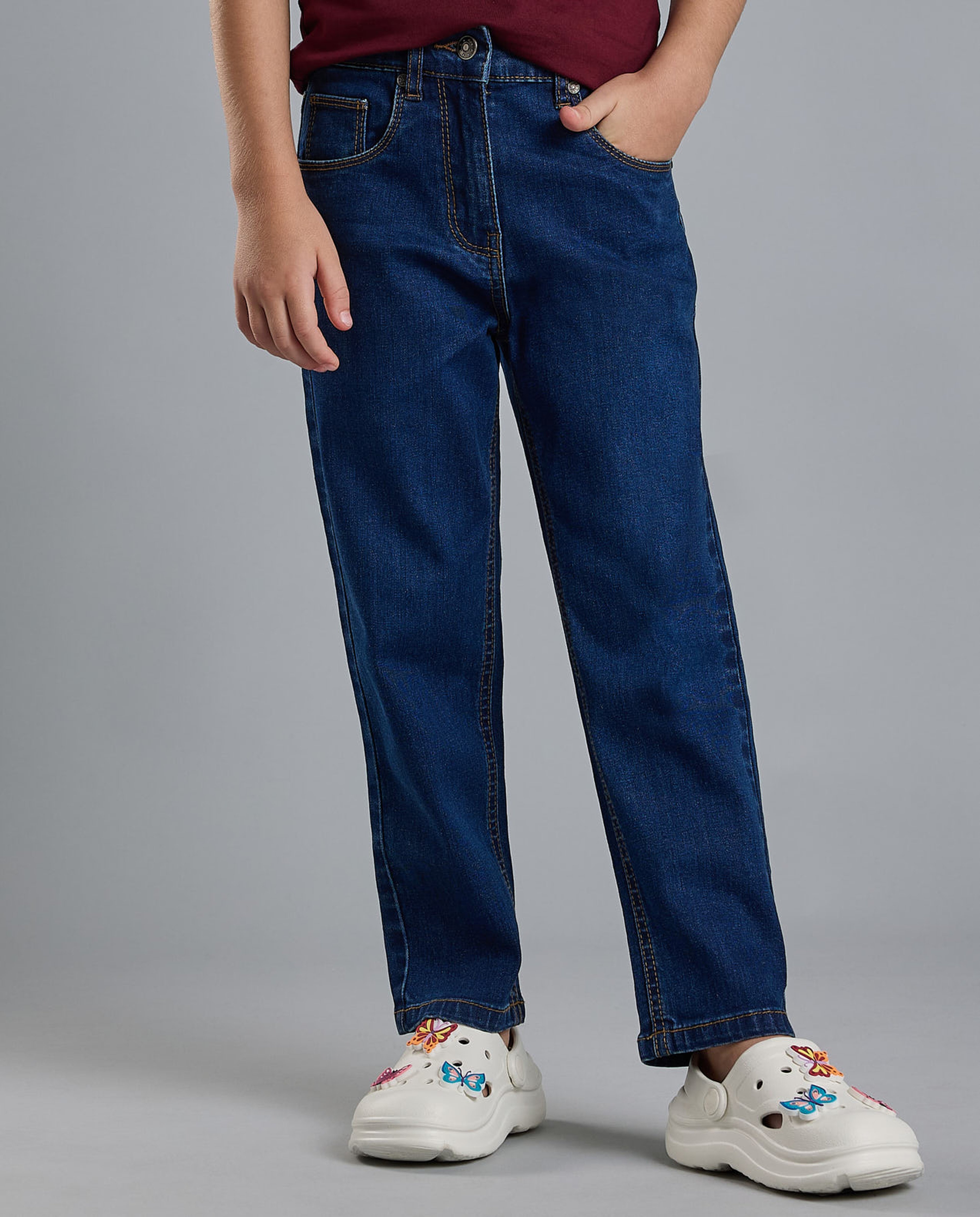Washed Straight Fit Jeans with Button Closure