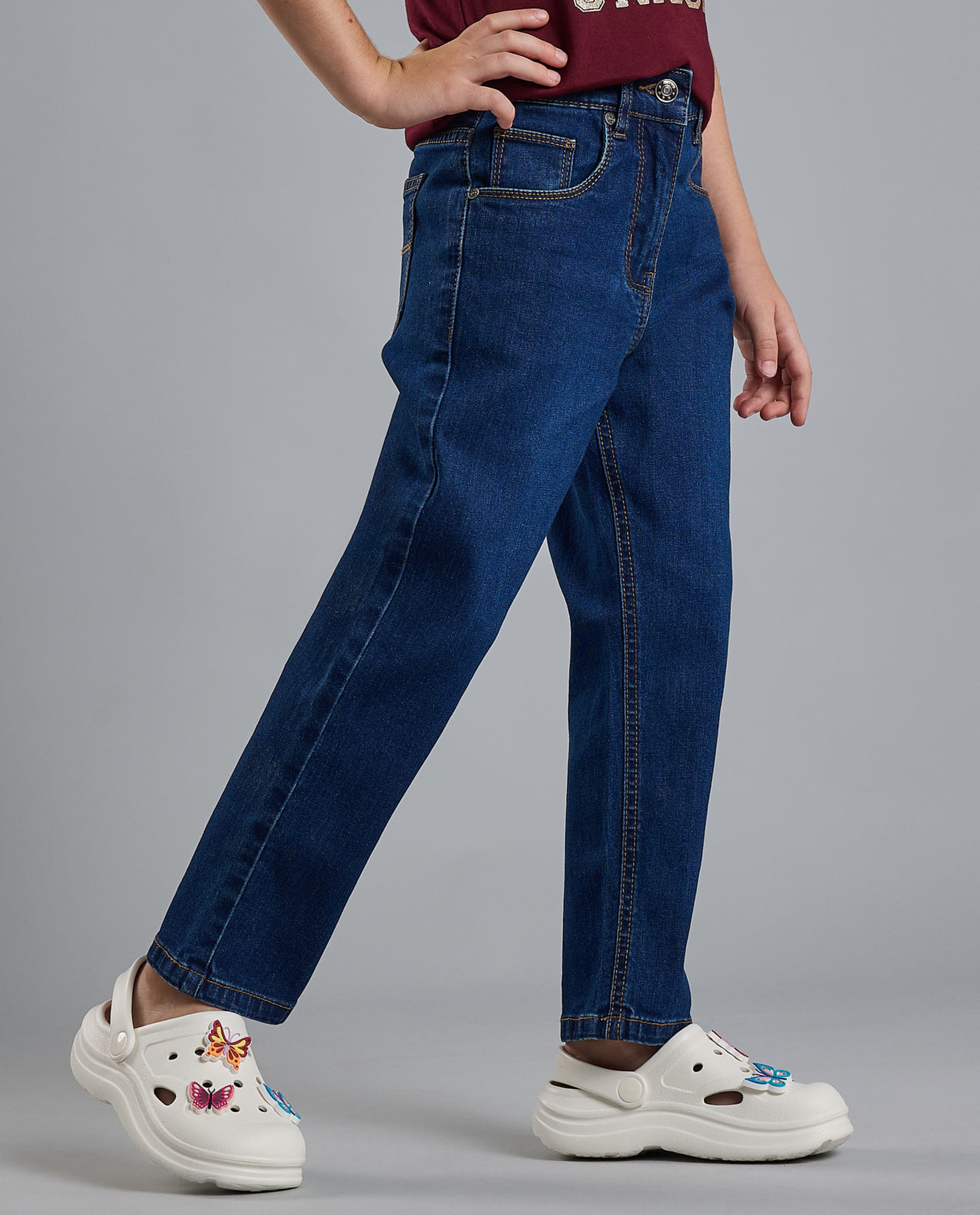 Washed Straight Fit Jeans with Button Closure