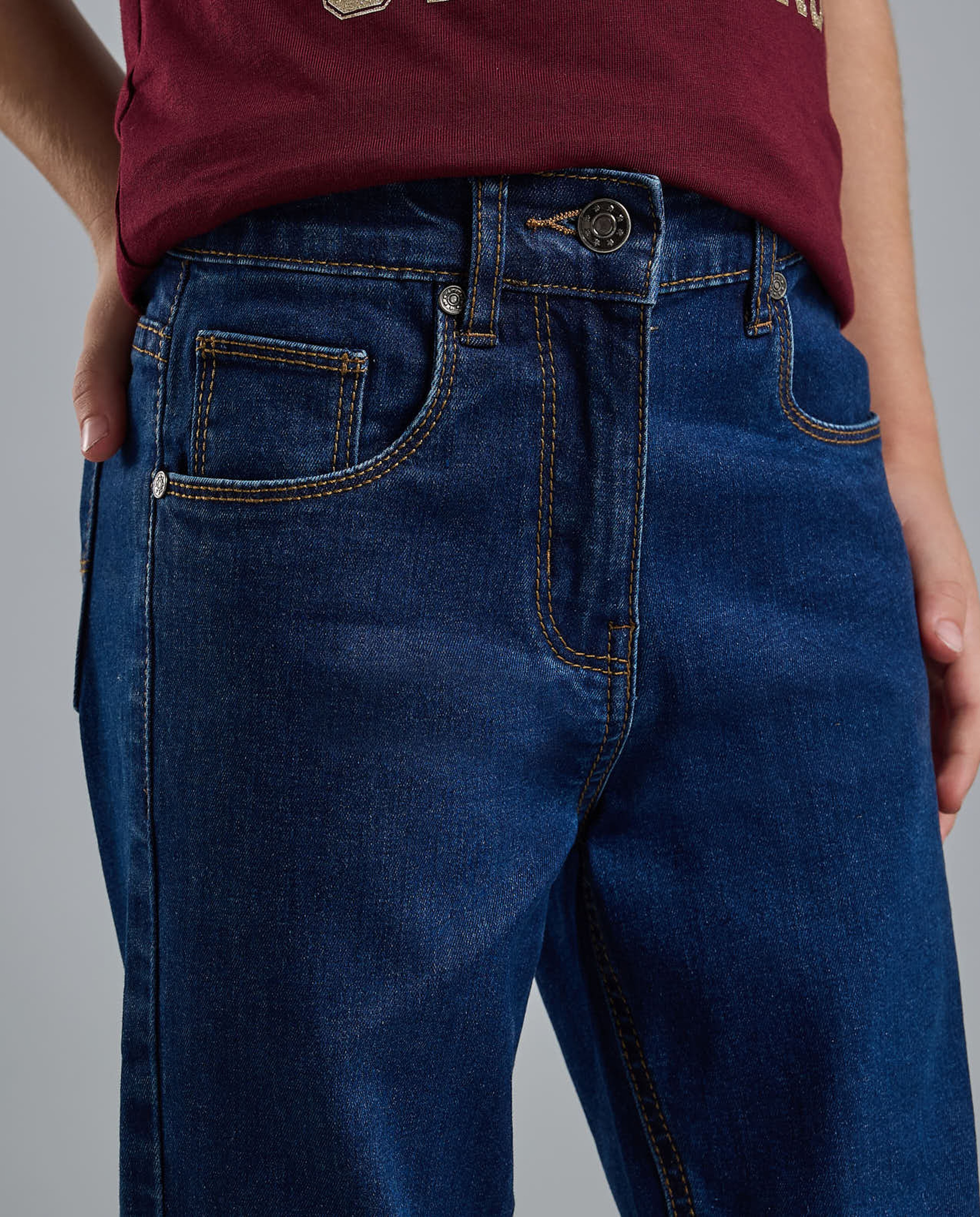 Washed Straight Fit Jeans with Button Closure