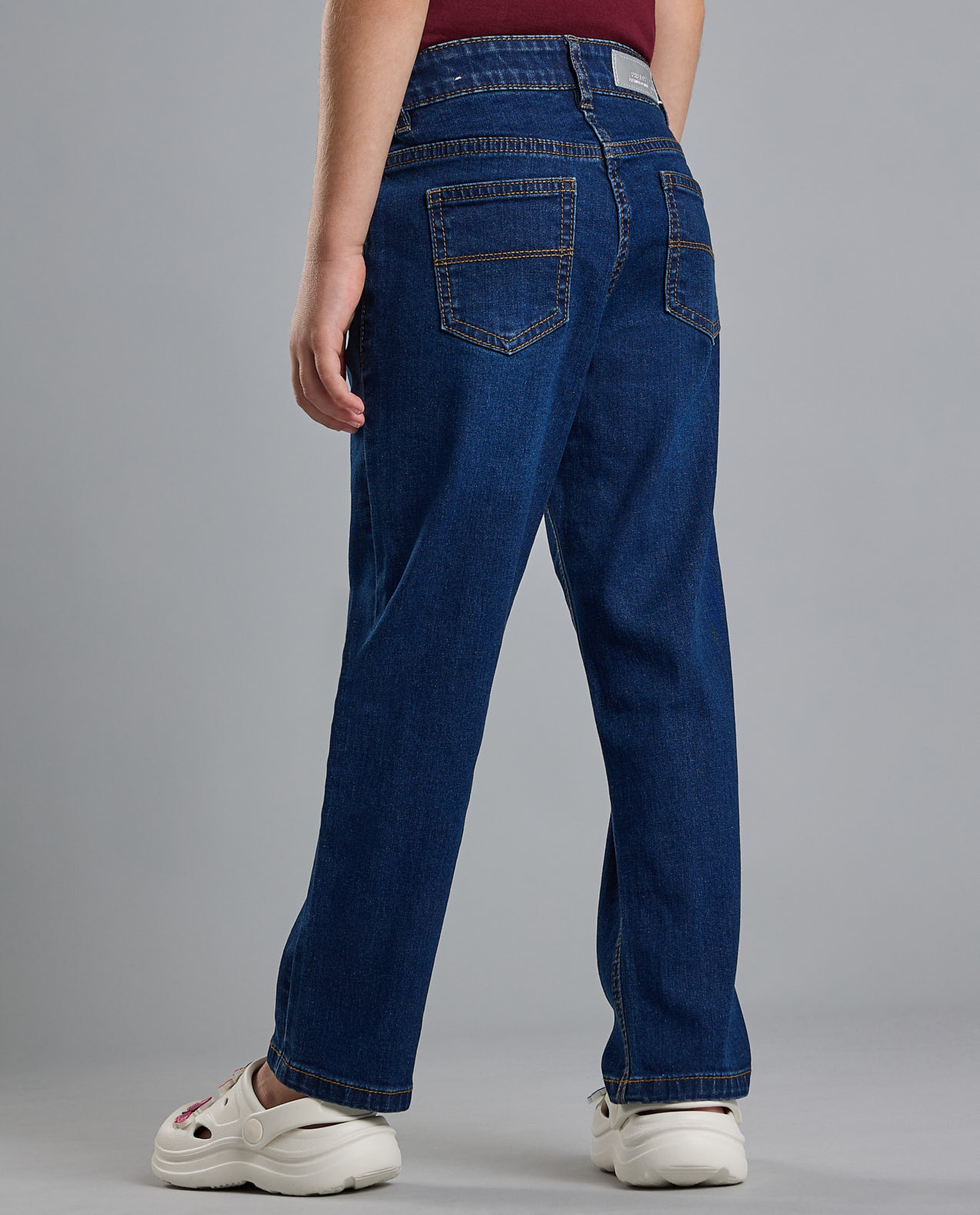 Washed Straight Fit Jeans with Button Closure